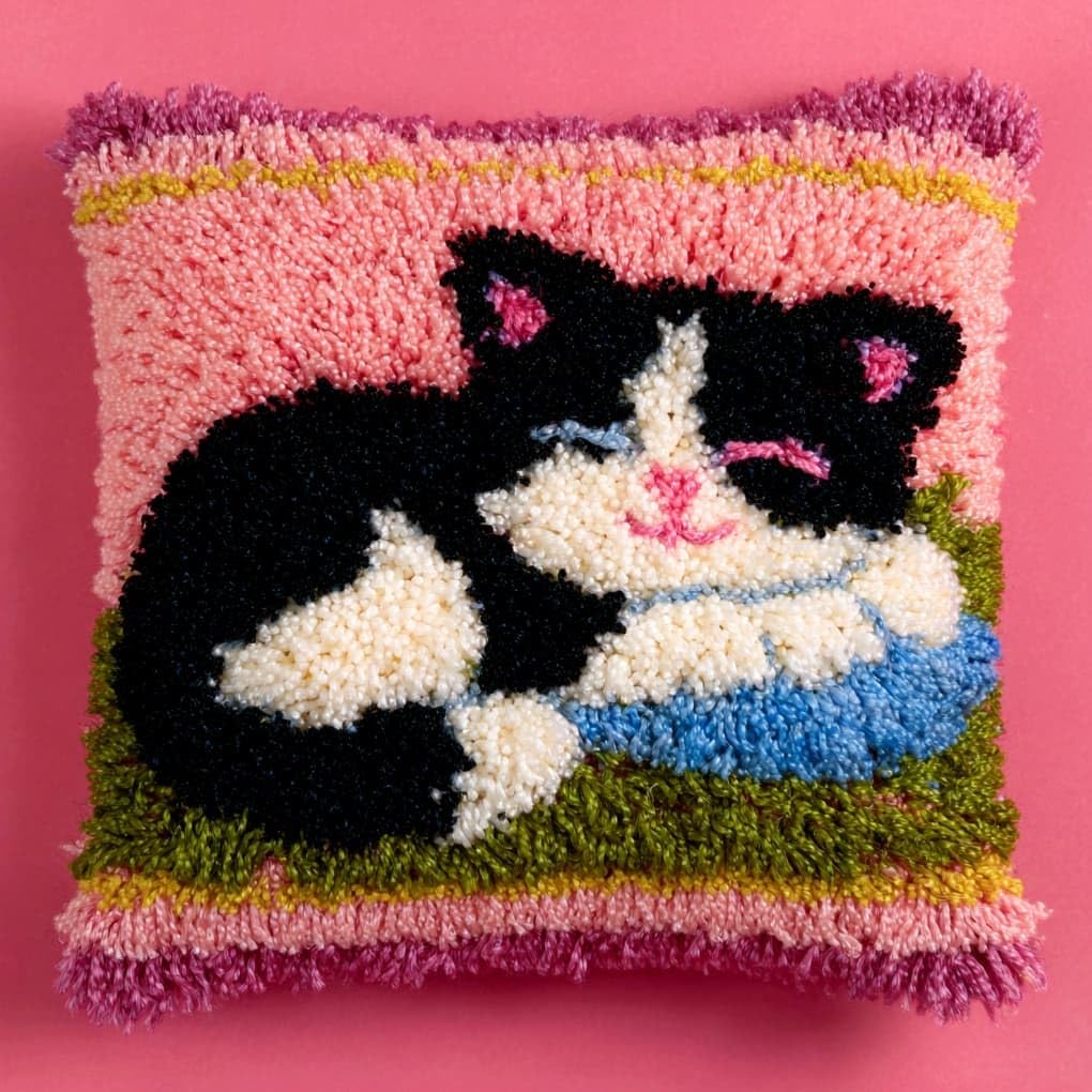 Henypt DIY Latch Hook Kit 43x43cm / 17x17 Inch,Sleeping cat Complete Crochet Rug Kit with Yarns & Hook,Creative Needlework Gift for Family