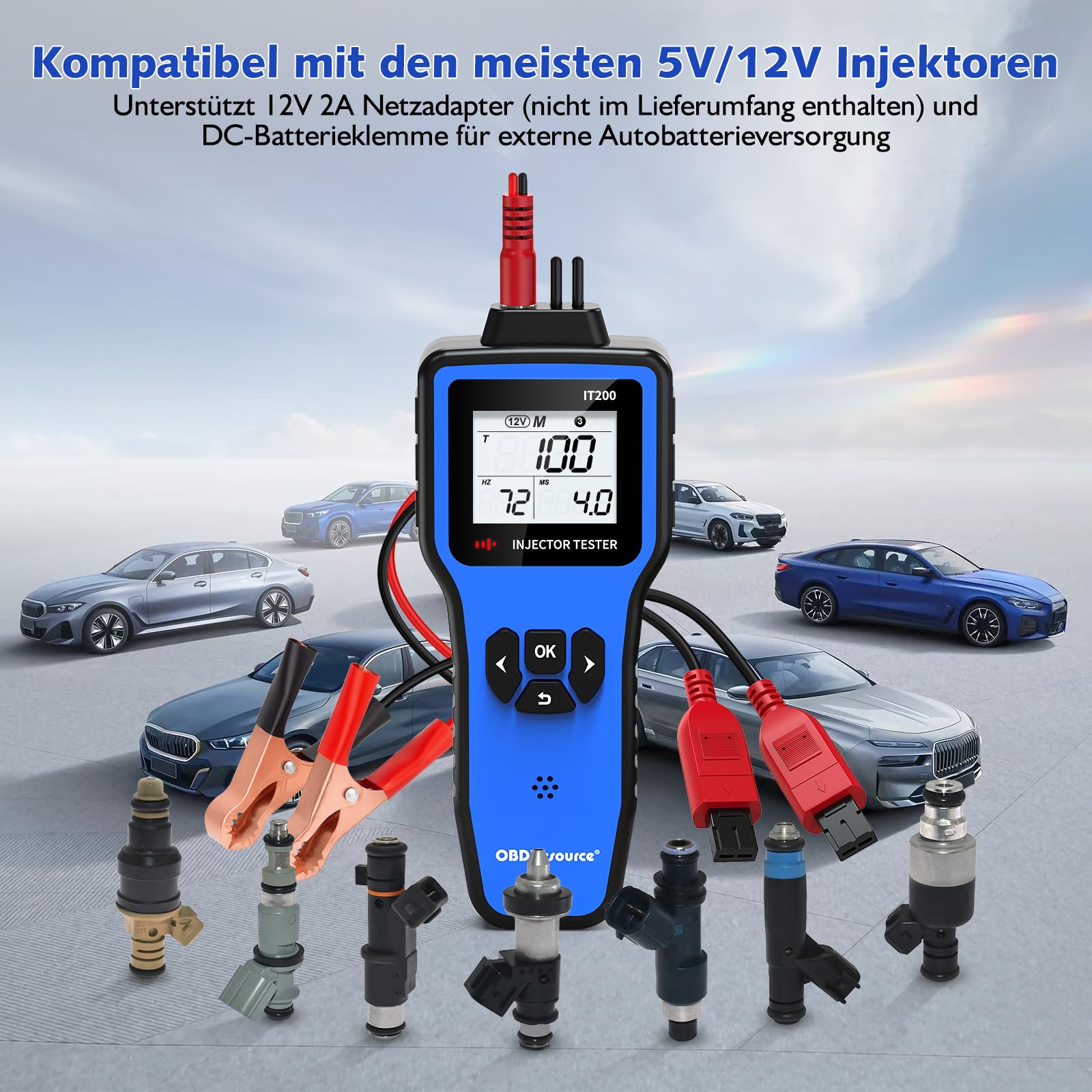 OBDResource Digitaler 5V/12V Diesel Benzin-Einspritzdüsen-Tester mit 5 Test-Modi und HD-Display, 2 Einspritzdüsen-Reiniger-Adapter