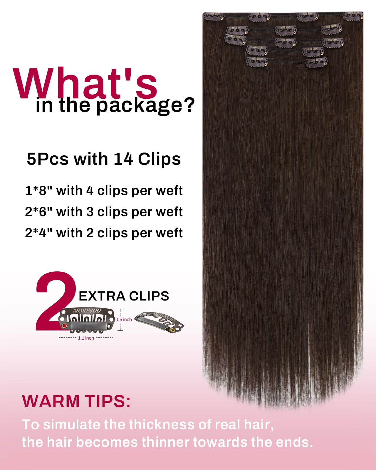 Moresoo Extension Cheveux Naturel Clip Marron Chocolat Remy Extension Clip Cheveux Naturel Invisible Marron Foncé #4 30 cm 5 Pièces 80g - 4