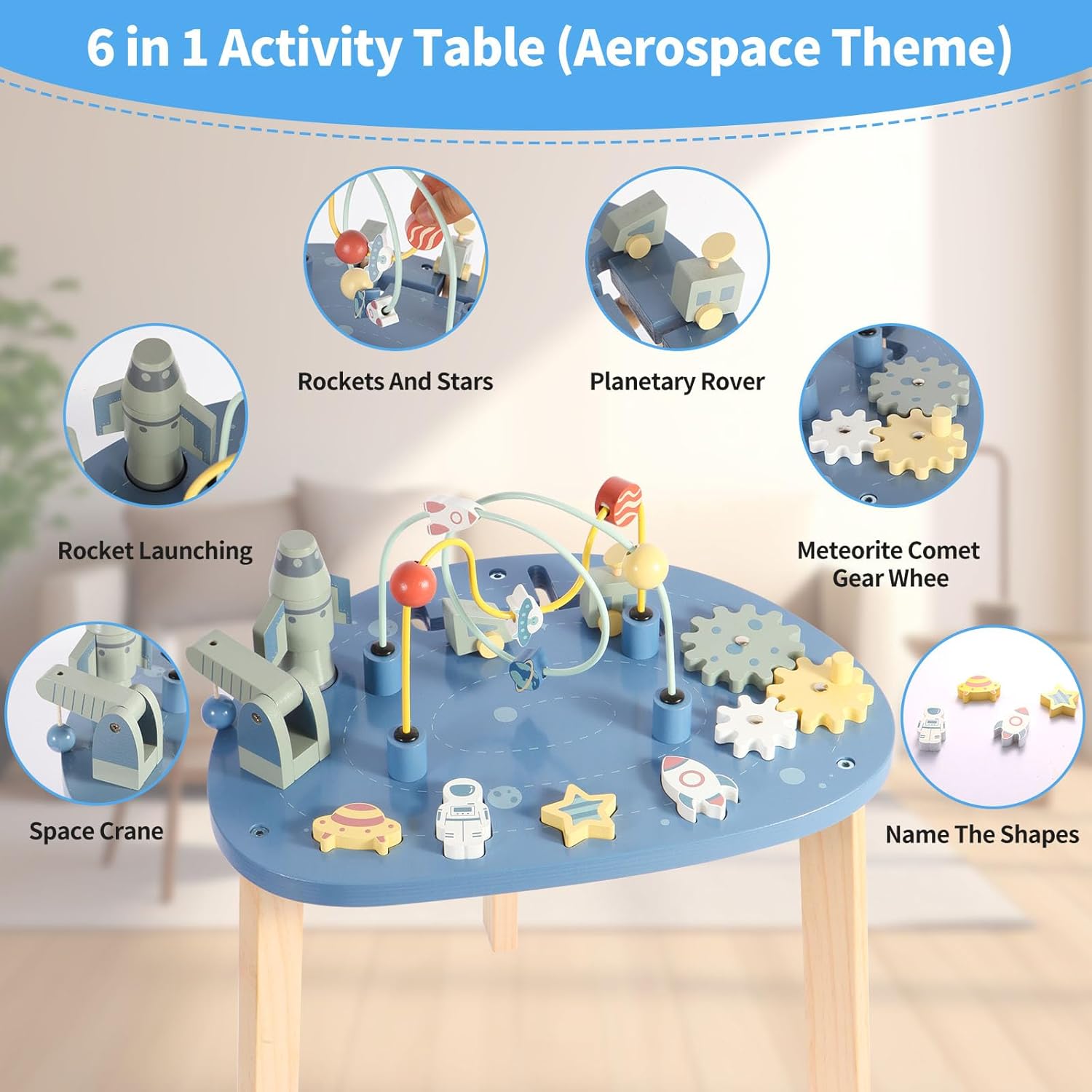 Asweets 6 in 1 Montessori Wooden Activity Table, Multicolor Universe Themed Table for Kids with Bead Maze & Rocket Stack, Best Gifts for Girls & Boys, 15.35’’L x 11.02’’W x 18.11’’H