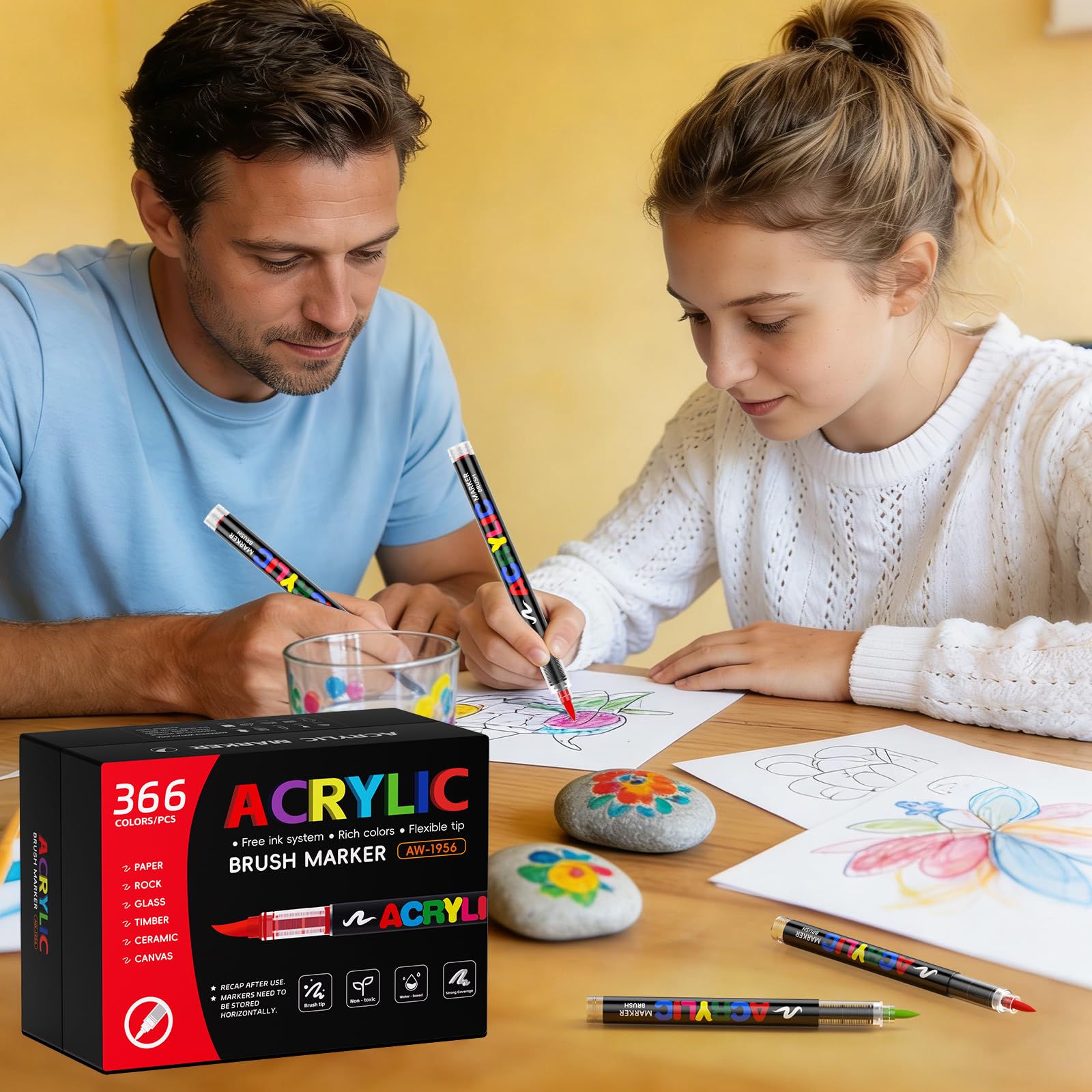 366 Farben Acrylstifte für Steine Wasserfest, Acrylstifte Marker Set, 1-5 mm Pinselspitze Acrylic Pens Set für Steine Bemalen, Stoff, Glas, Keramik, Leinwand, Papier, Holz, Metall, Deko