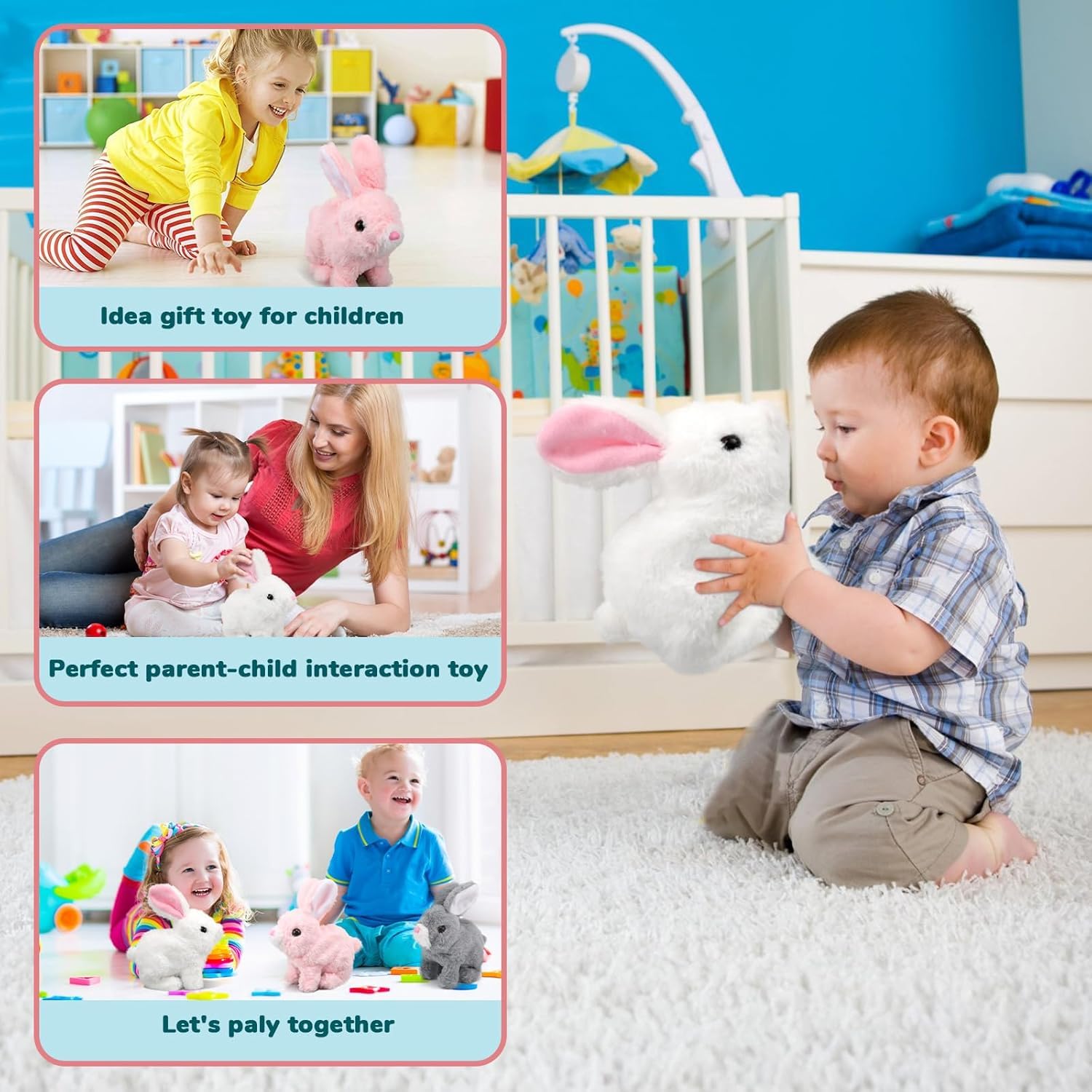 Aqify Hopping Walking Bunny Toy with Sounds, Jumping Rabbit Wiggling Ears, Twitching Mouth and Nose, Educational Interactive Bunny Rabbit Toy for Baby Kids 2