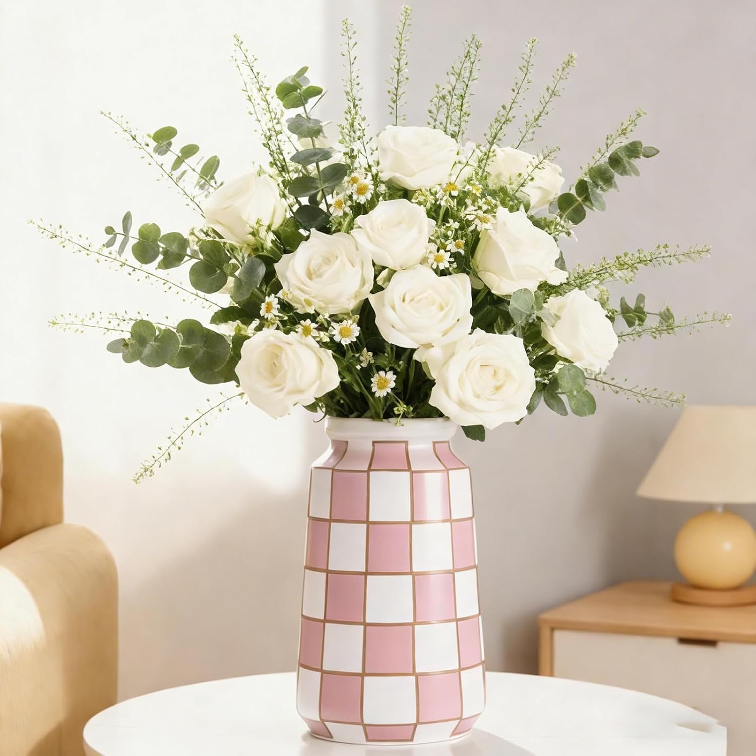 Gold and White Ceramic Vase, Mid Century Modern Checkered Small Vases for Flower&Pampas Grass Centerpiece,Checkered Porcelain Vase for Dining Table Kitchen Tabletop Minimalist Decorative (Pink)