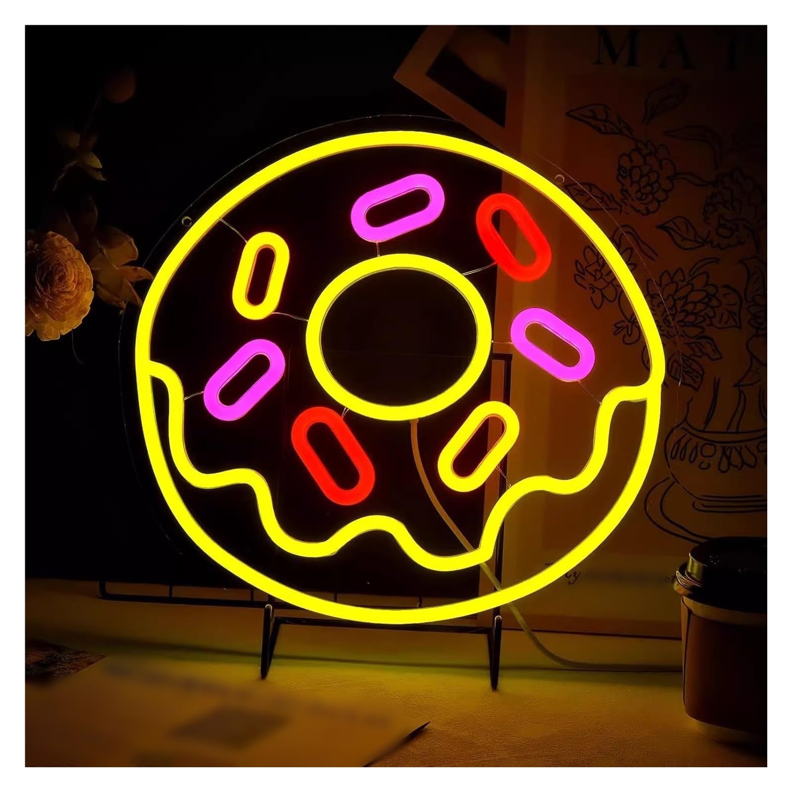 Hanging Art Neon Signs Donut Neon Sign Dimmable Light Business Cake Store Wall Art Decor Bakery Storefront Window Display 35x35cm