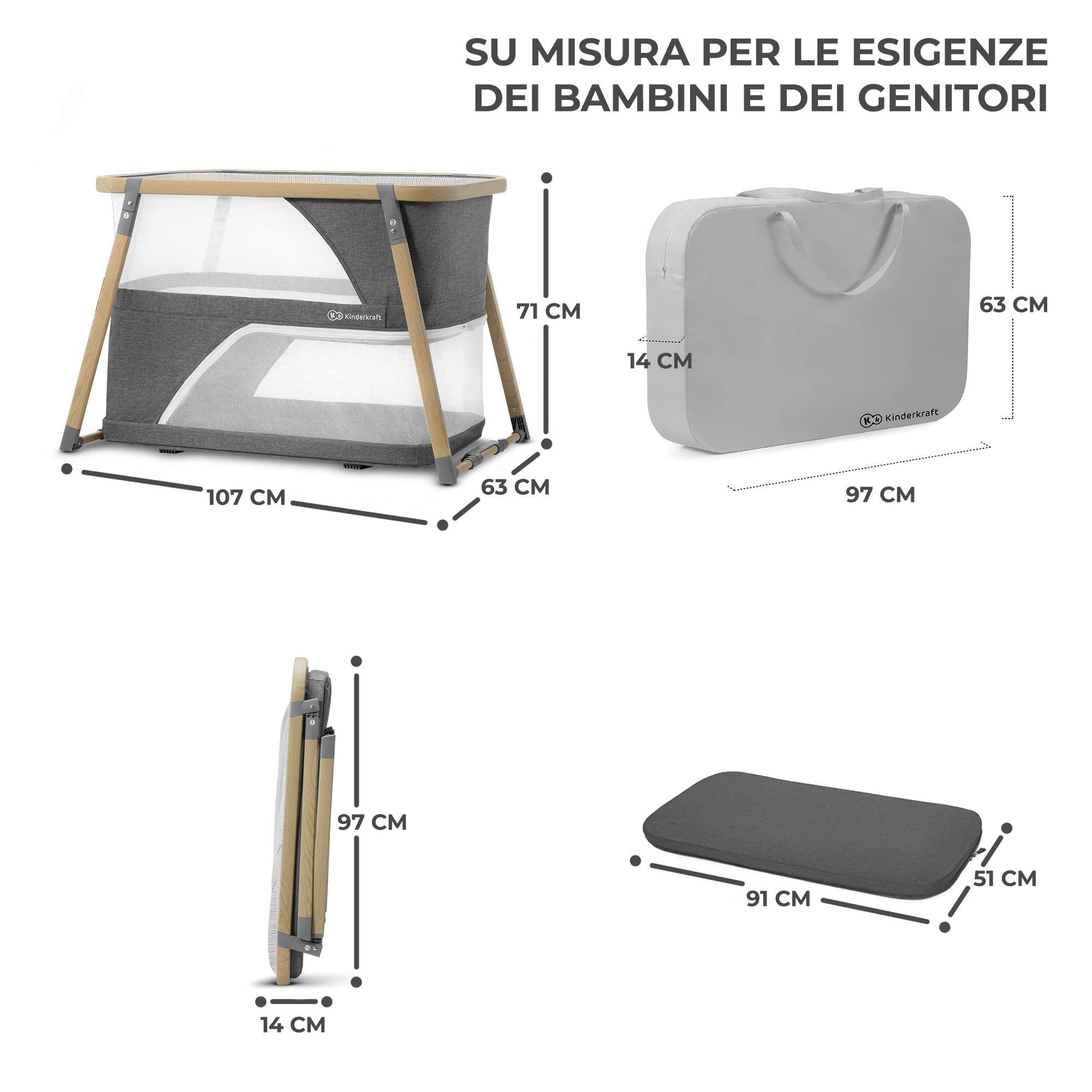 Kinderkraft Lettino Da Campeggio Sofi, Culla 4 In 1, Materasso Morbido, Per Bambini Da 0-15 Kg, Grigio, 107 X 63 X 71 Cm