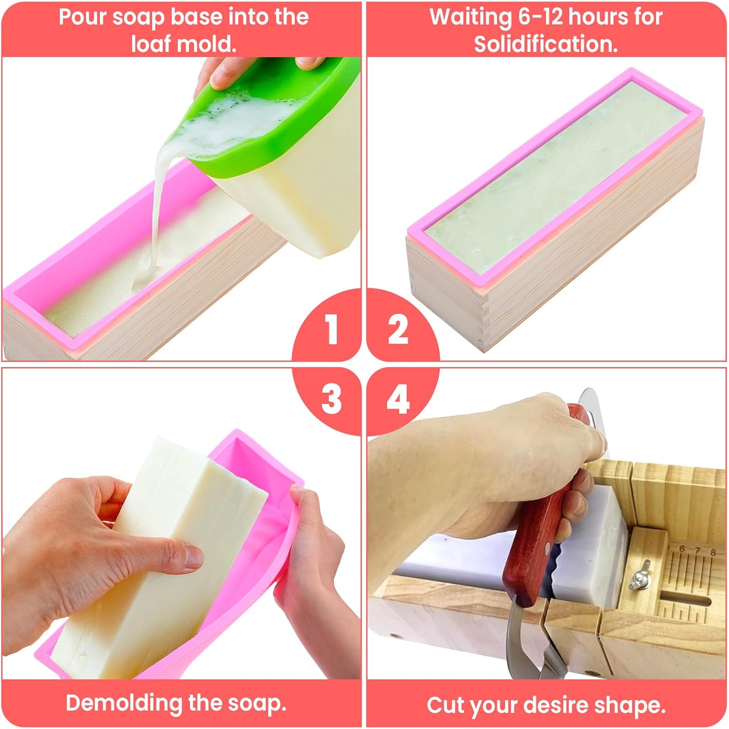42oz Loaf Soap Making Supplies Kit, Included Adjustable Wooden Cutting Box + Rectangular Loaf with Wooden Box， Stainless Steel Wavy+Straight Cutter ， Silicone for DIY Soap Making