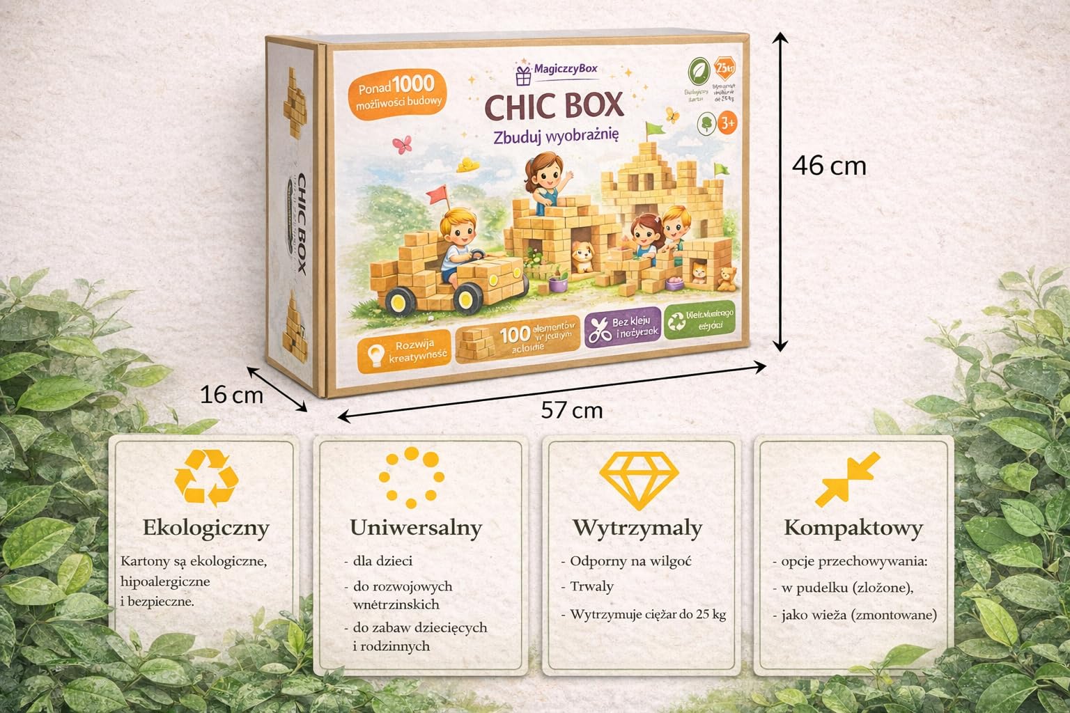 CHIC BOX Kartonowe Klocki Konstrukcyjne 100 Elementów dla Dzieci 3+ Kreatywny Zestaw do Budowy Domków Baz i Zamków