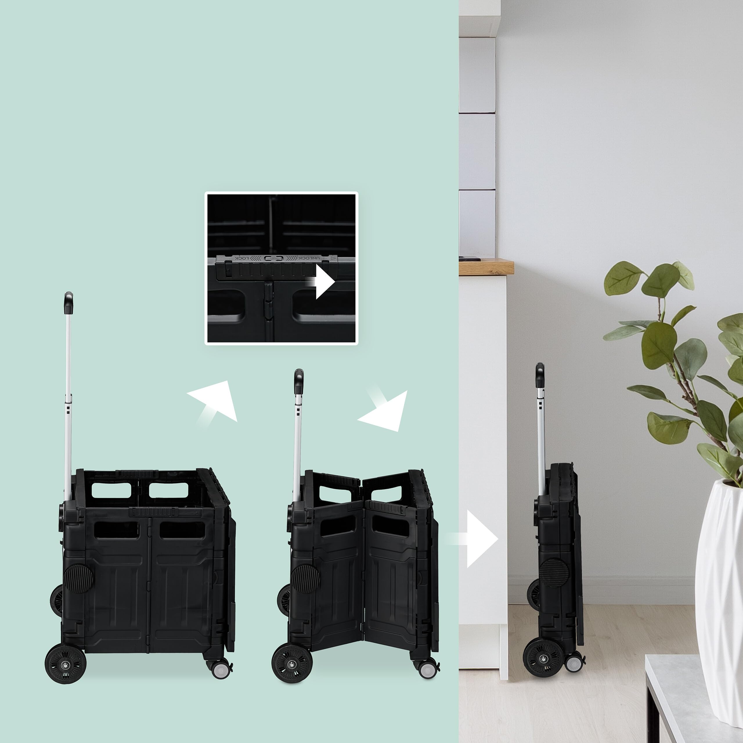 Relaxdays Chariot de Courses Pliable, Caisse à roulettes, avec Couvercle, poignée inclinable, 50 kg, Noir