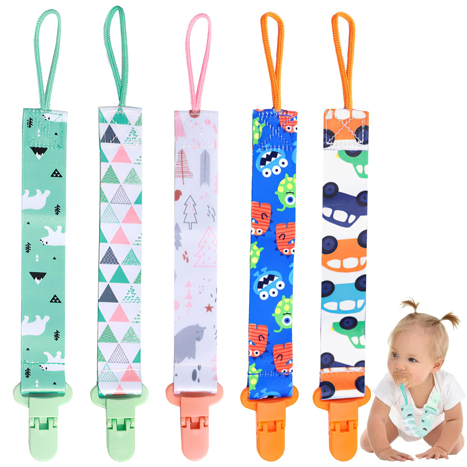 TecoKart® 5pcs Anti Lost Pacifier Chain Set Pacifier Clip for Baby Pacifier Holder Chain with Cute Fabric Strap & Pacifier Clip for Toddlers Soother Teether-picture-27