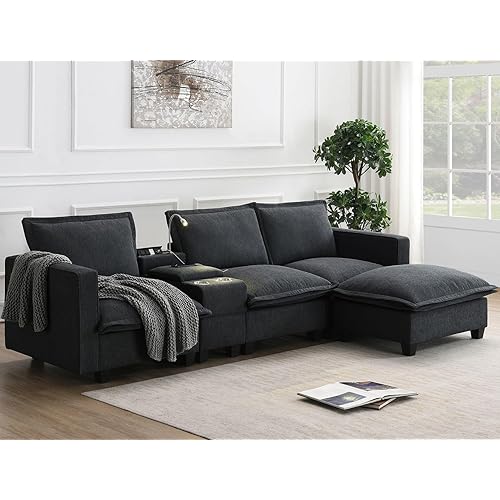 Merax 109" x 57" Modular Sectional Couches Sofa with Console, USB Charging Port, Reading Light, Cup Holder, Storable, Chenille Chaise Lounge for Living Room, Apartment Furniture, Grey