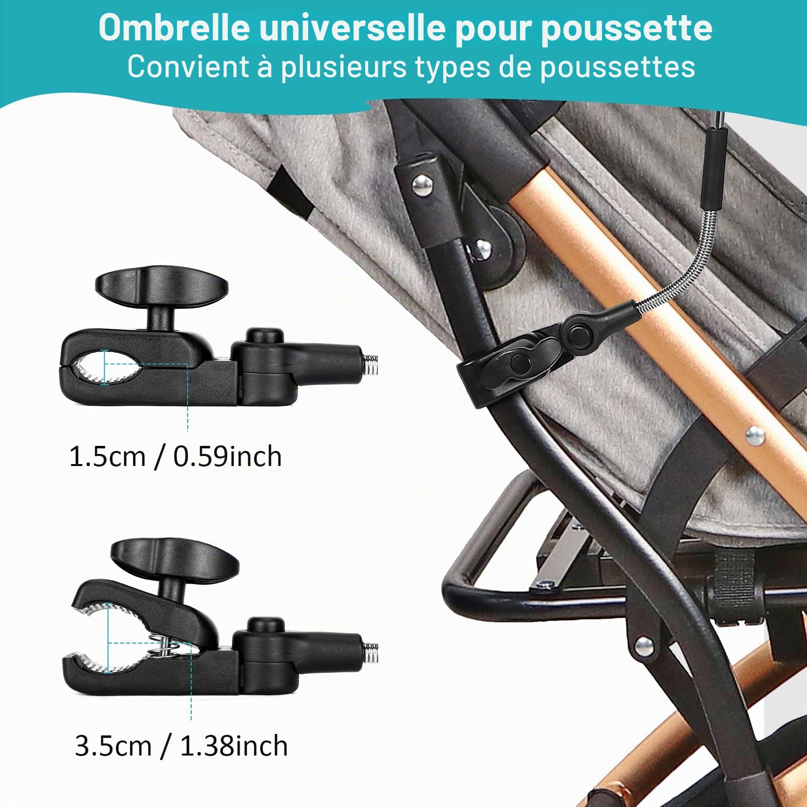 Ombrelle Poussette, Parasol Poussette Bébé Universelle, Protection UV 50+, Compatible avec la plupart des poussettes, Parapluie de Protection Solaire pour Landau avec Pince Réglable, Diamètre 71 cm