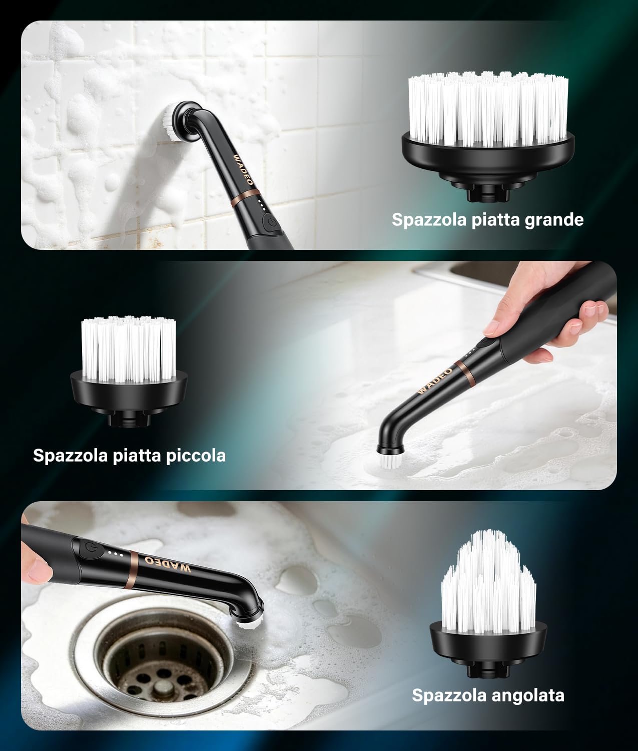 WADEO Piccola Spazzola Ricaricabile per Crepe e Piastrelle, [2600mAh] [11 Testine] 3 Velocità, IPX7 Impermeabile, Spazzola Elettrica per Bagno, Cucina, Lavandino, Vasca, Pavimento