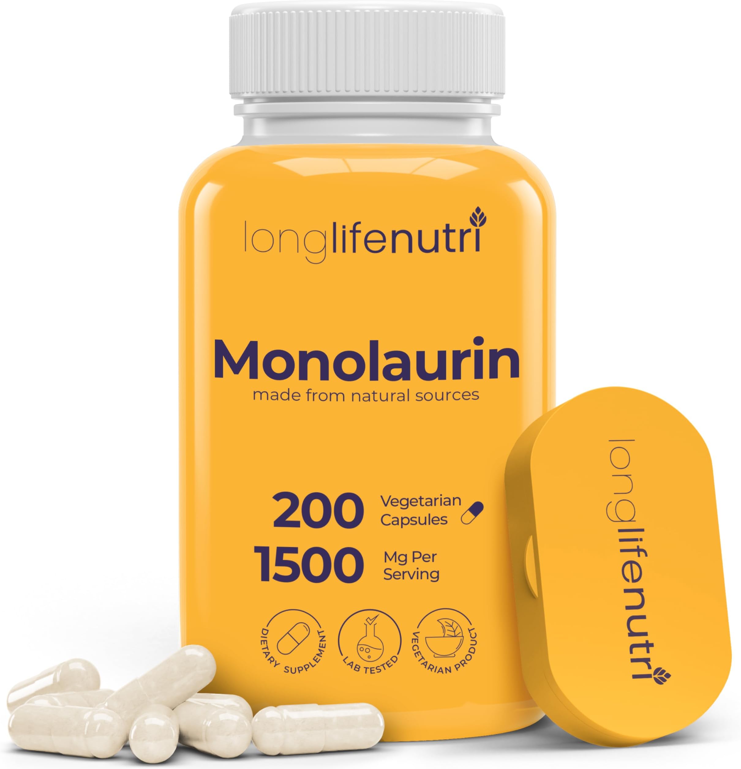 Monolaurin 1500mg - Potent Glycerol from Coconut, 200 Vegetarian Capsules, Organic Supplement for Gut Balance & Natural Defense, 100-Day Supply, GMP Certified, Made in USA
