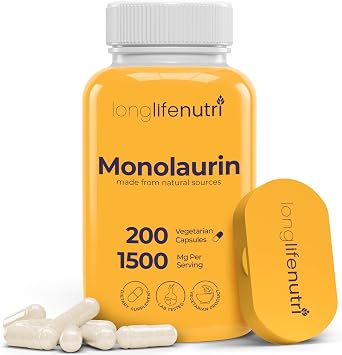 LongLifeNutri Monolaurin 1500mg - Potent Glycerol from Coconut, 200 Vegetarian Capsules, Organic Supplement for Gut Balance & Natural Defense, 100-Day Supply, GMP Certified, Made in USA