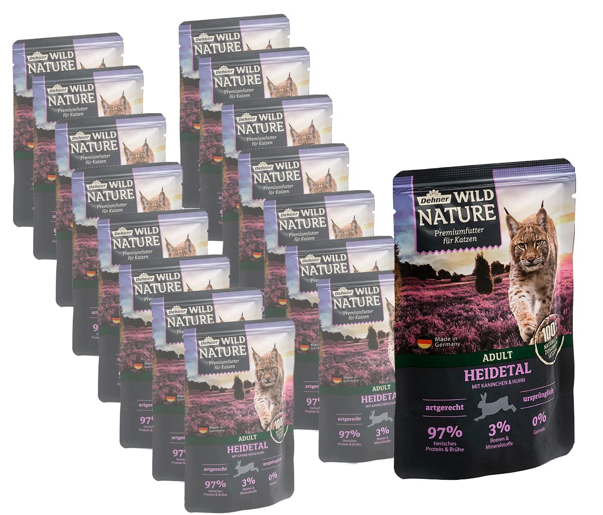 Dehner Wild Nature karma dla kotów dla dorosłych, dolina wrzosowa, królik/kurczak, 16 x 85 g (1,36 kg)