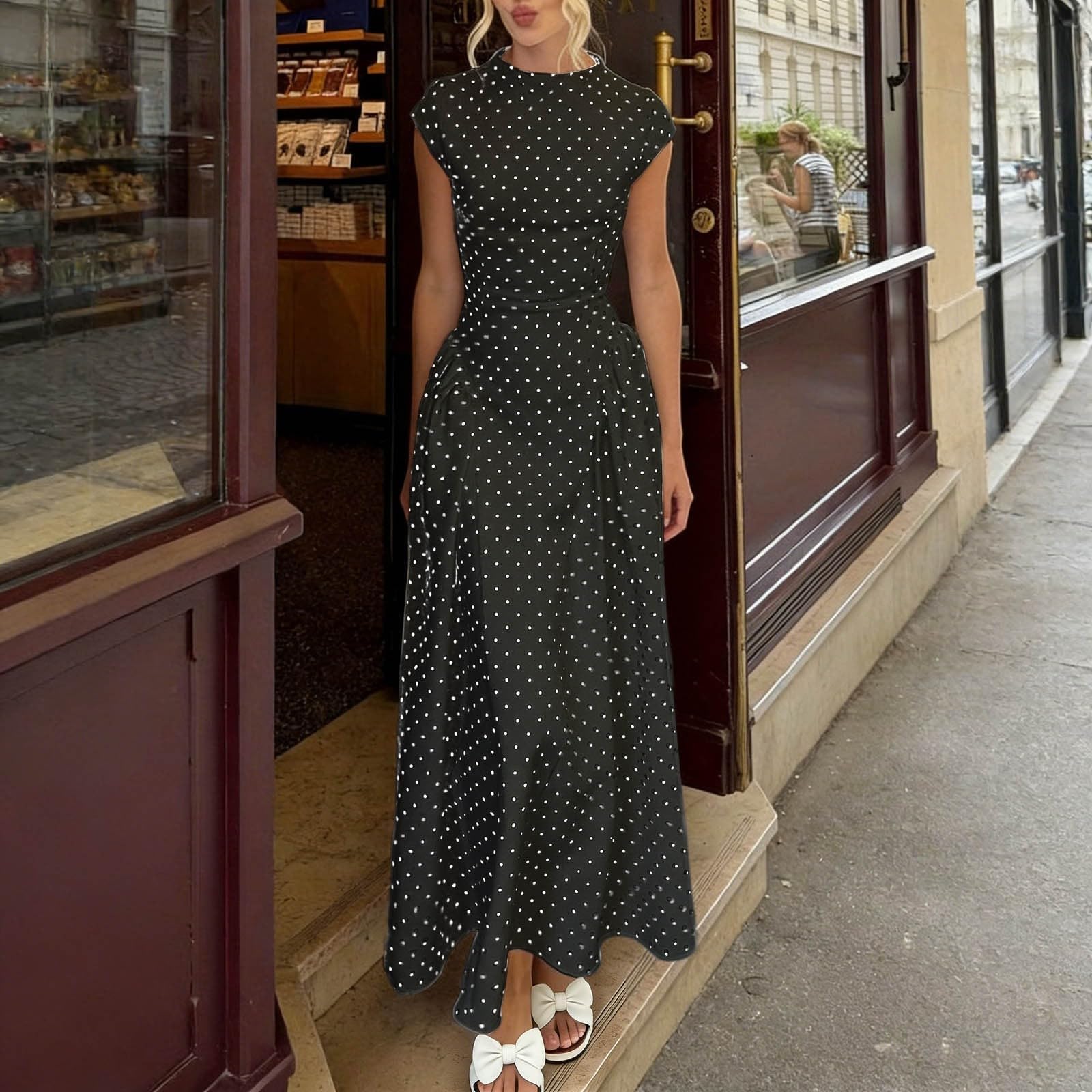 Générique Robe midi Blanche à Pois, col Montant et Manches Courtes, Coupe trapèze Fluide et élégante, idéale pour Les Sorties Estivales.