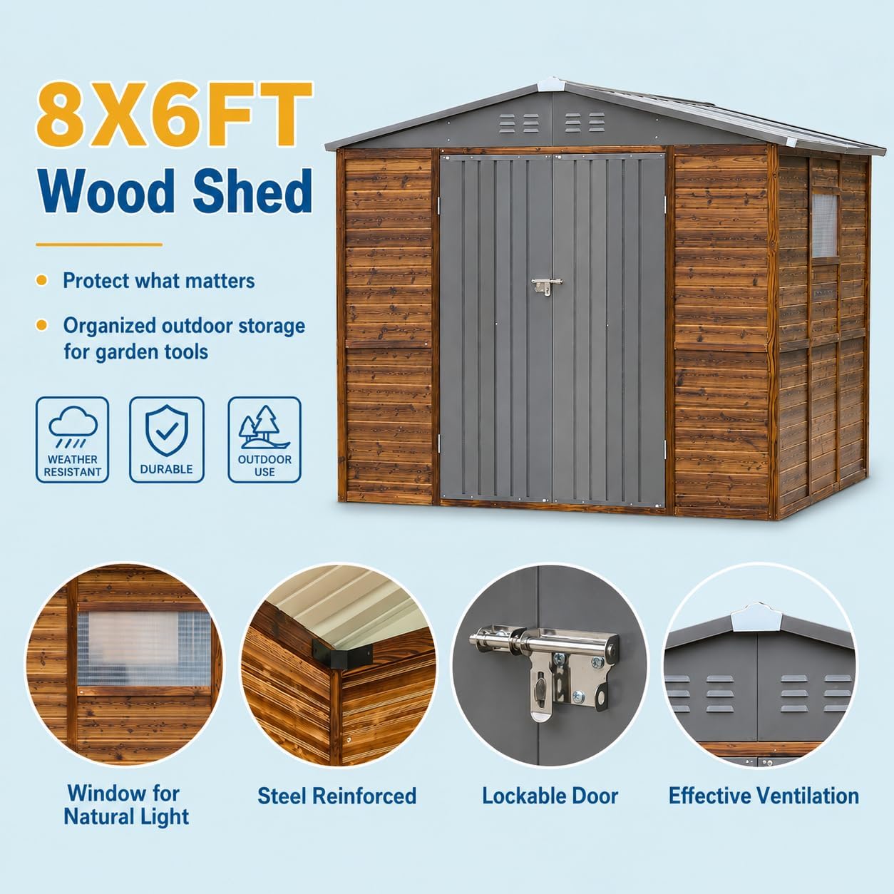 Outdoor Storage Shed, Wood-Metal Garden Tool Shed with Lockable Double Doors, Metal Roof, Window & Ventilation, Multiple Sizes (6 * 8FT)