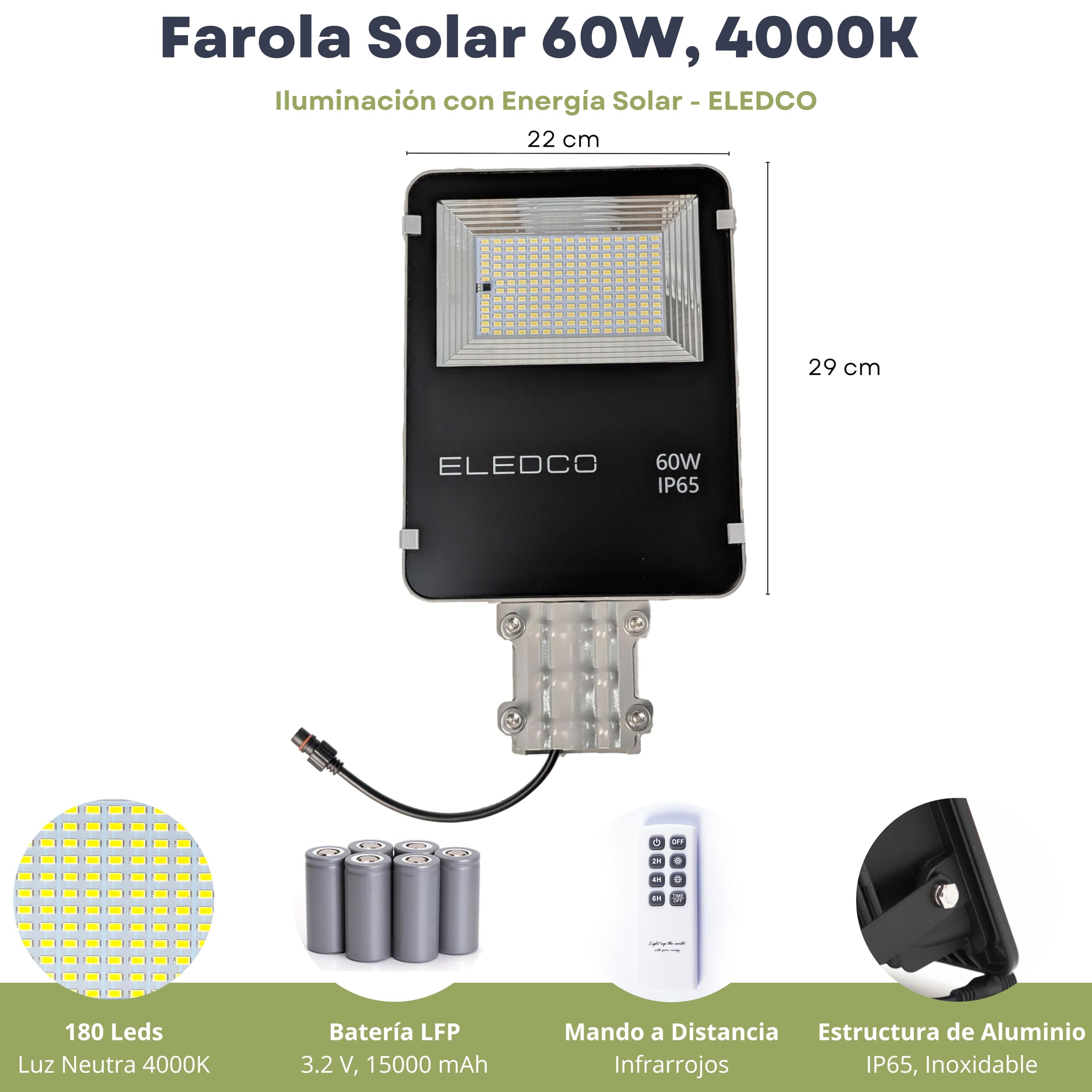 Farola Solar 60W, Foco LED Exterior, Panel Solar Orientable, Control Remoto, Sensor de Movimiento (60 Vatios, Luz Neutra 4000K)