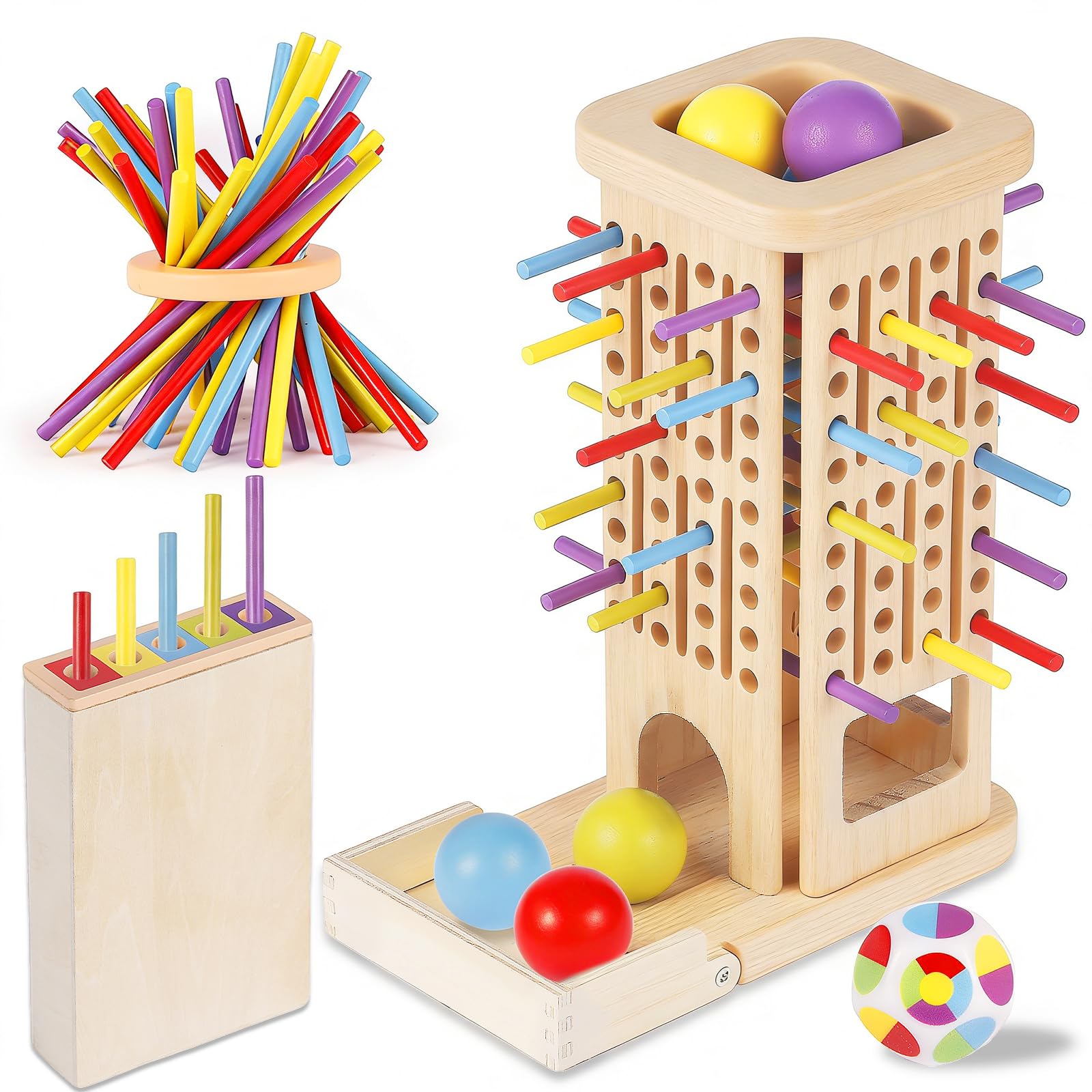 Montessori Juguetes a partir de 3 años, 3-en-1 Juguetes Montessori de madera con palo de madera y torre de aprendizaje a partir de 3 4 5 6 años, Fomenta la motricidad fina y las habilidades cognitivas
