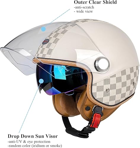 Miniatura 4 de Casco de motocicleta de doble visera 34 de cara abierta para hombres y mujeres, aprobado por DOT, unisex, casco retro para ciclomotor, crucero,
