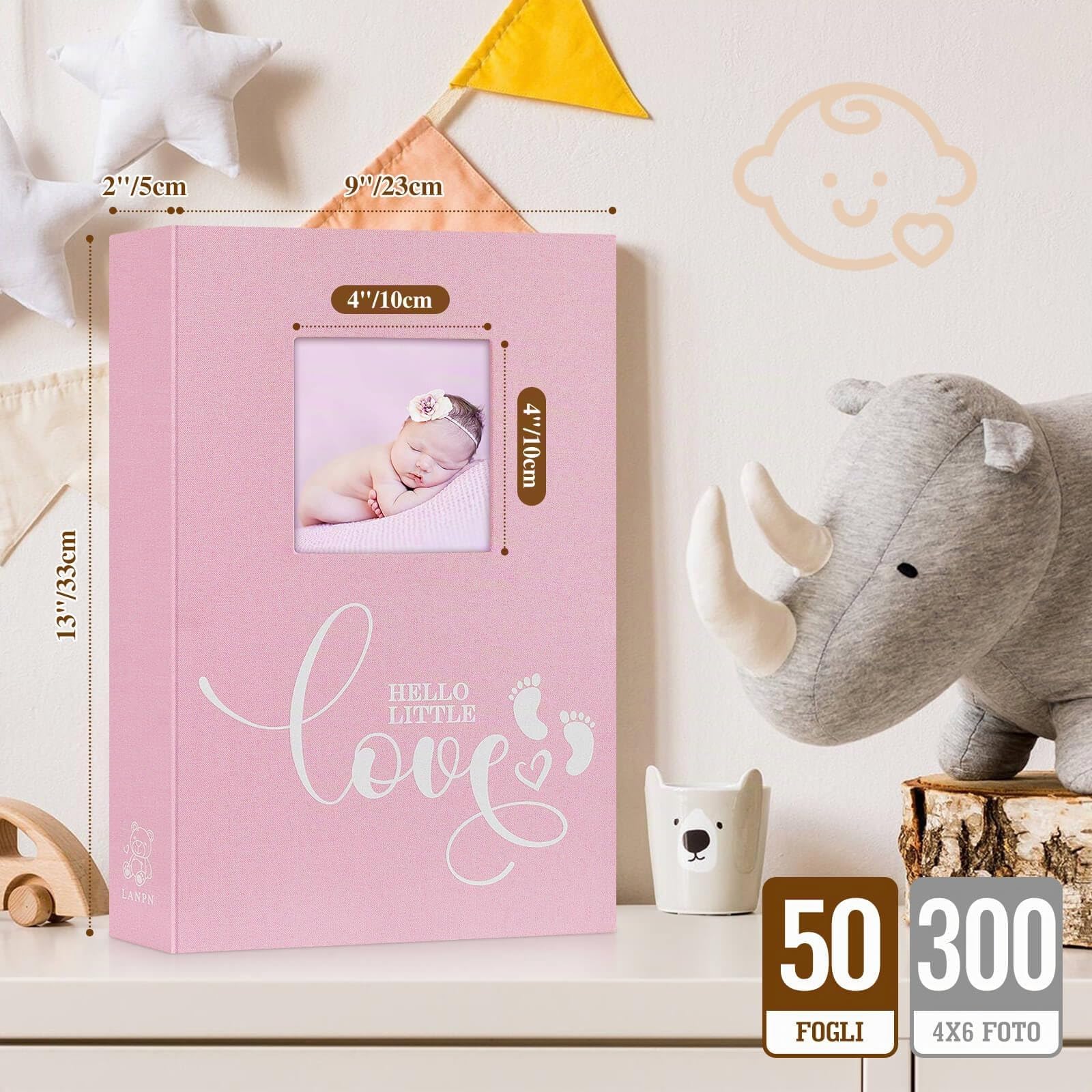 Lanpn Album Fotografici Bambino 10x15 300 Tasche, Lino Inserire Gli Album porta Foto Nascita Bimbo Regalo, Baby Photo Album Fotografico, Album Battesimo Bimba Ragazza Bambino Neonato Rosa