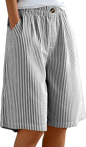 Aymnlox Baggy Shorts Women Striped Cotton Elastic Waist Short Pant Knee Length Wide Leg Comfy Casual Shorts with Pockets