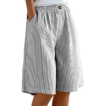 Aymnlox Baggy Shorts Women Striped Cotton Elastic Waist Short Pant Knee Length Wide Leg Comfy Casual Shorts with Pockets