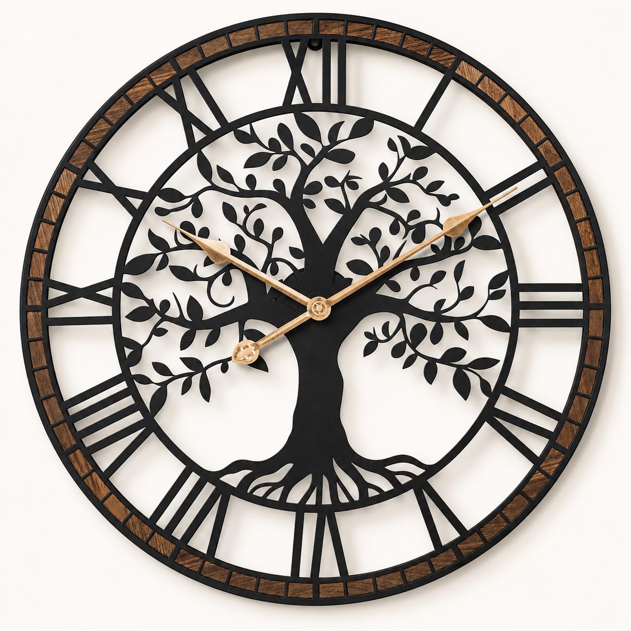 Horloges murales vintage 40cm avec motif arbre en métal et cadre en bois de salon