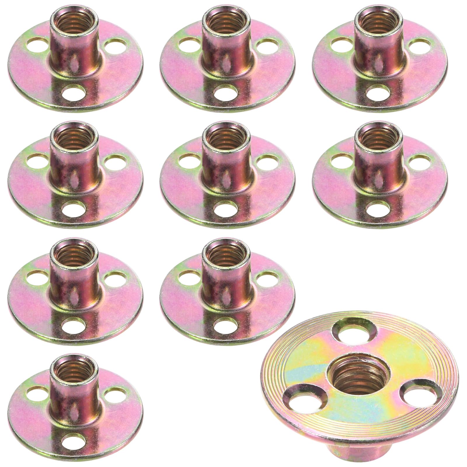 M METERXITY 10-Pack 3/8" T-Nuts Zinc Plated Carbon Steel Tee Nut 3-Hole Round Base Weld Nuts Through Hole Furniture Hardware Flange Insert Female Thread Gold