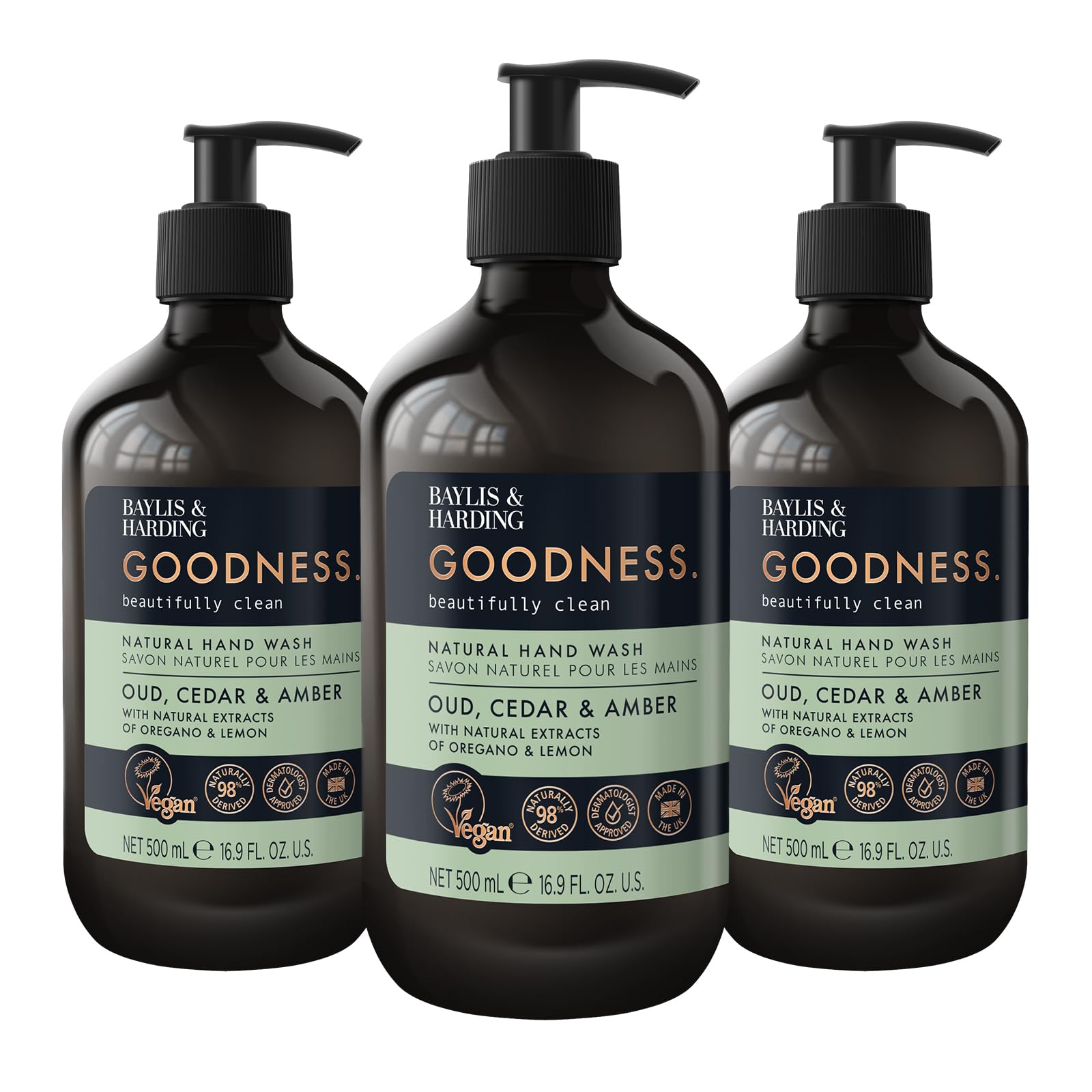 Goodness Oud, Cedar & Amber Luxury Hand Wash 500 ml – Vegan Liquid Hand Soap with Essential Oils, 98% Naturally Derived, Paraben & Sulfate Free