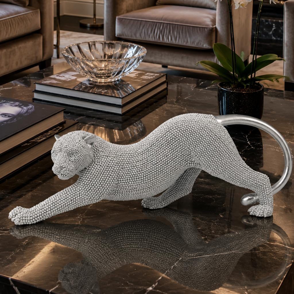 Shlinnuo Leopard Statue Home Decor - 15 Inch Gold Cheetah Figurine & Animal Sculpture for Living Room, Shelf, Office - Handcrafted Beaded Modern Table Centerpiece (Gold/Silver) — image 1