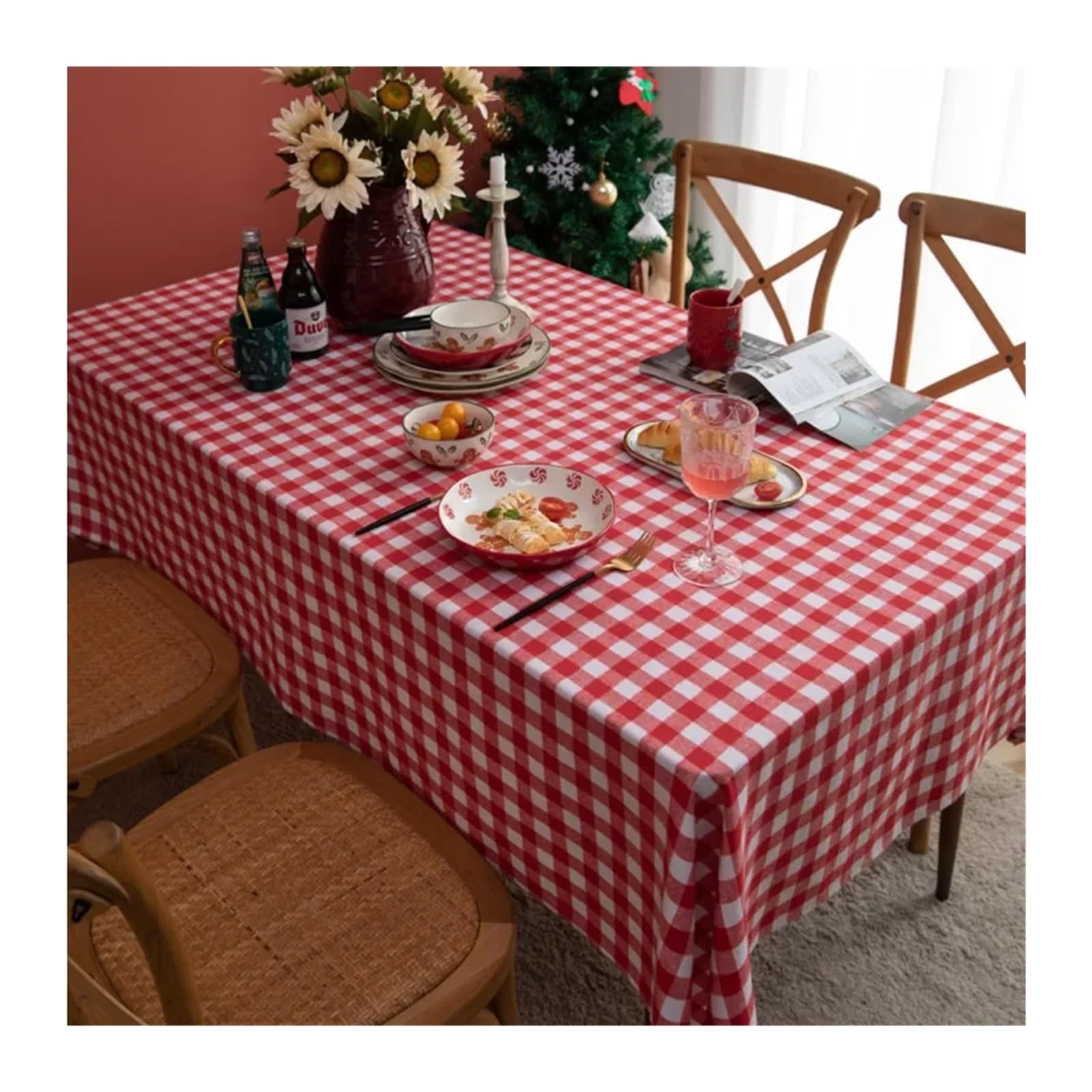 Mantel de Navidad Red Green Plaid Table Cloth Cotton Christmas Party Rectangle Tablecloth Dining Cover For Picnic BBQ Home Decor Mantel Mesa(Navy Red Plaid,140x250CM)