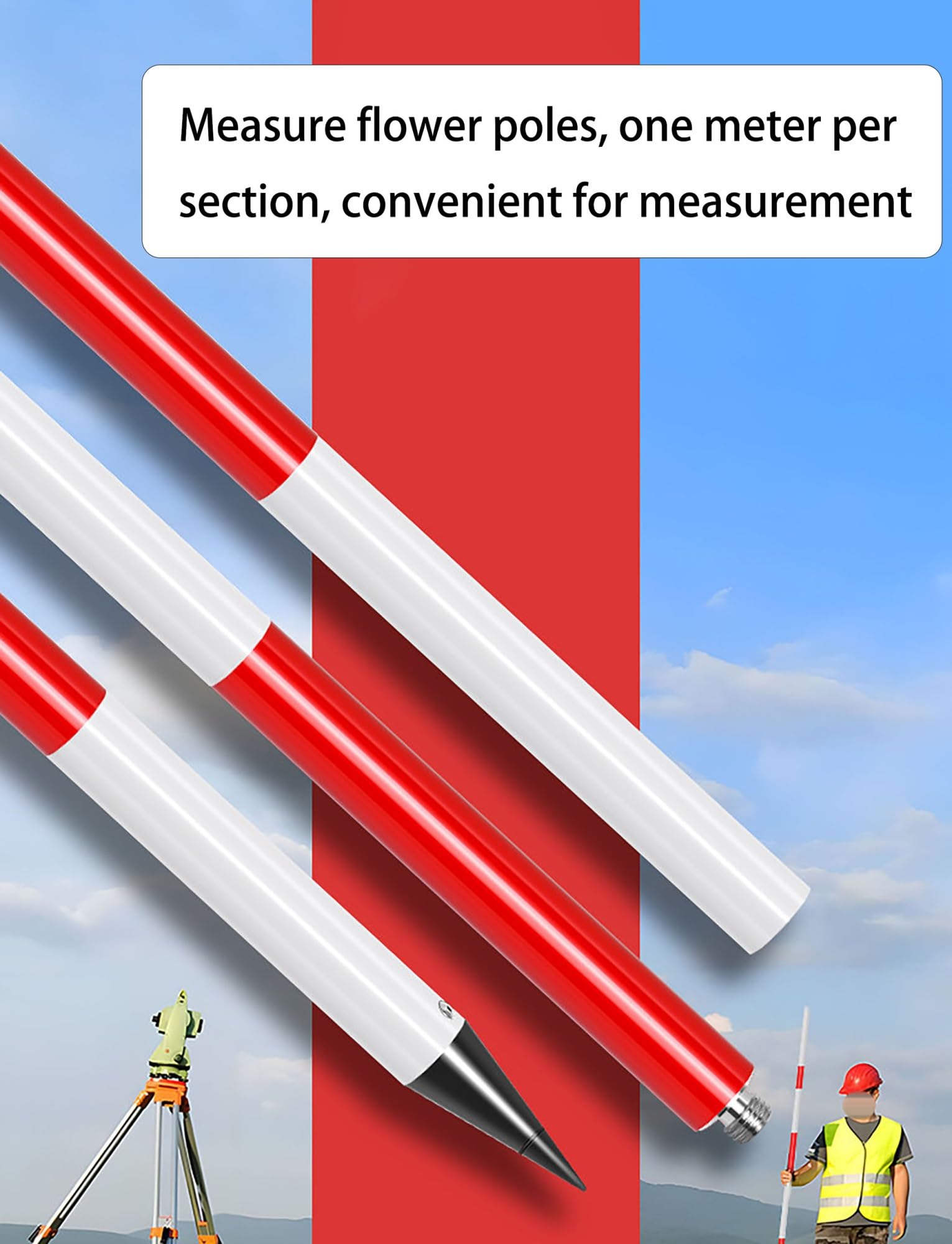 Polígono Ligero de Aluminio y Mira de Nivelación 2/3/5 Metros para Topografía, Obras Viales y Medidor de Profundidad para Pozos con Marcas Rojas de Alta Visibilidad(3 meters/9.8 ft)