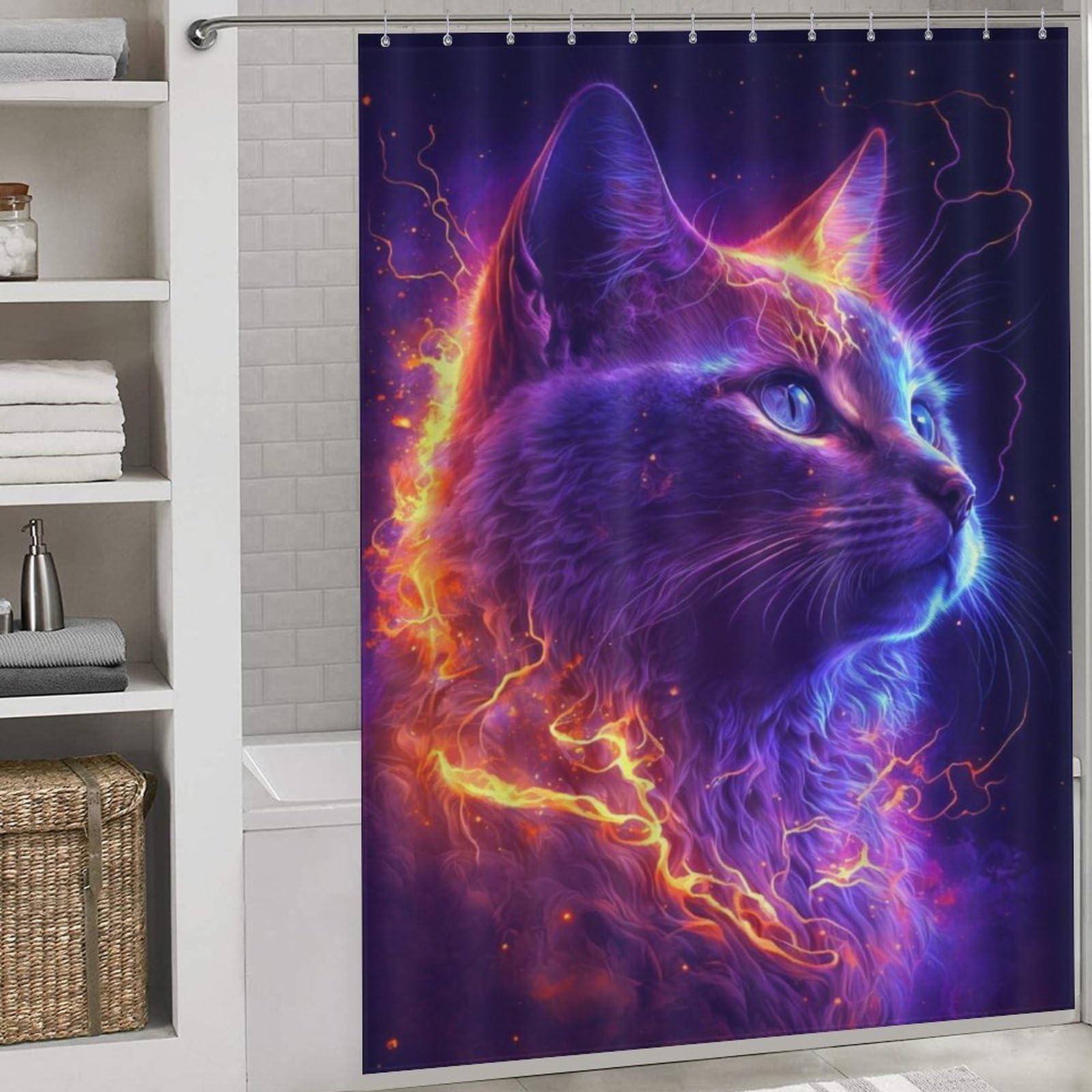 Rideaux de douche en imperméable motif chat avec crochets pour salle de bain