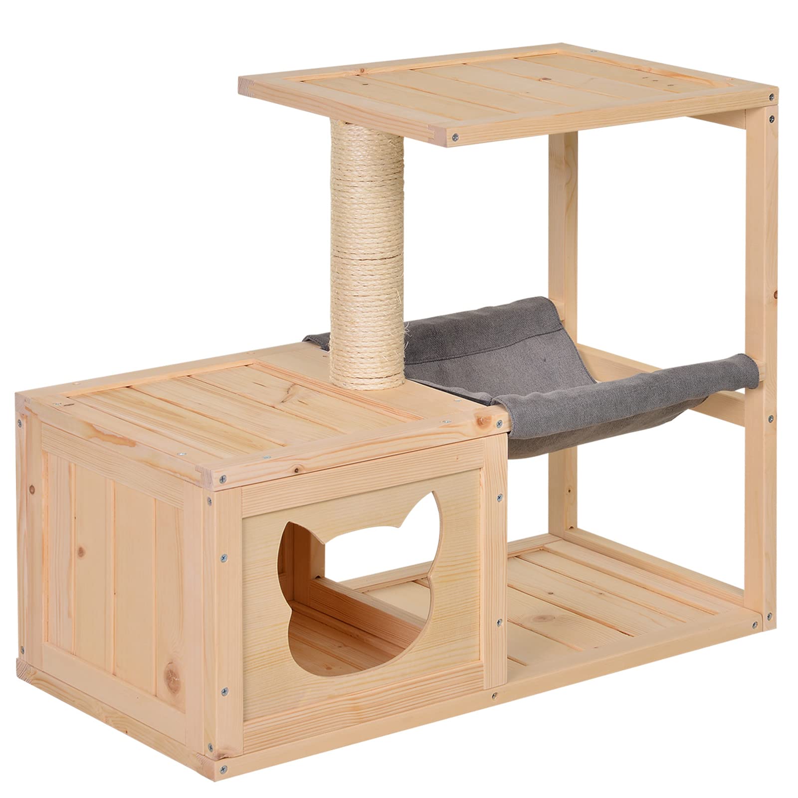 PawHut Katzenhöhle, Katzenbett mit Hängematte, Sisalstamm, Plattform Katzenhaus aus Holz Kratzbaum für Katzen für Indoor 70 x 35 x 60 cm Natur