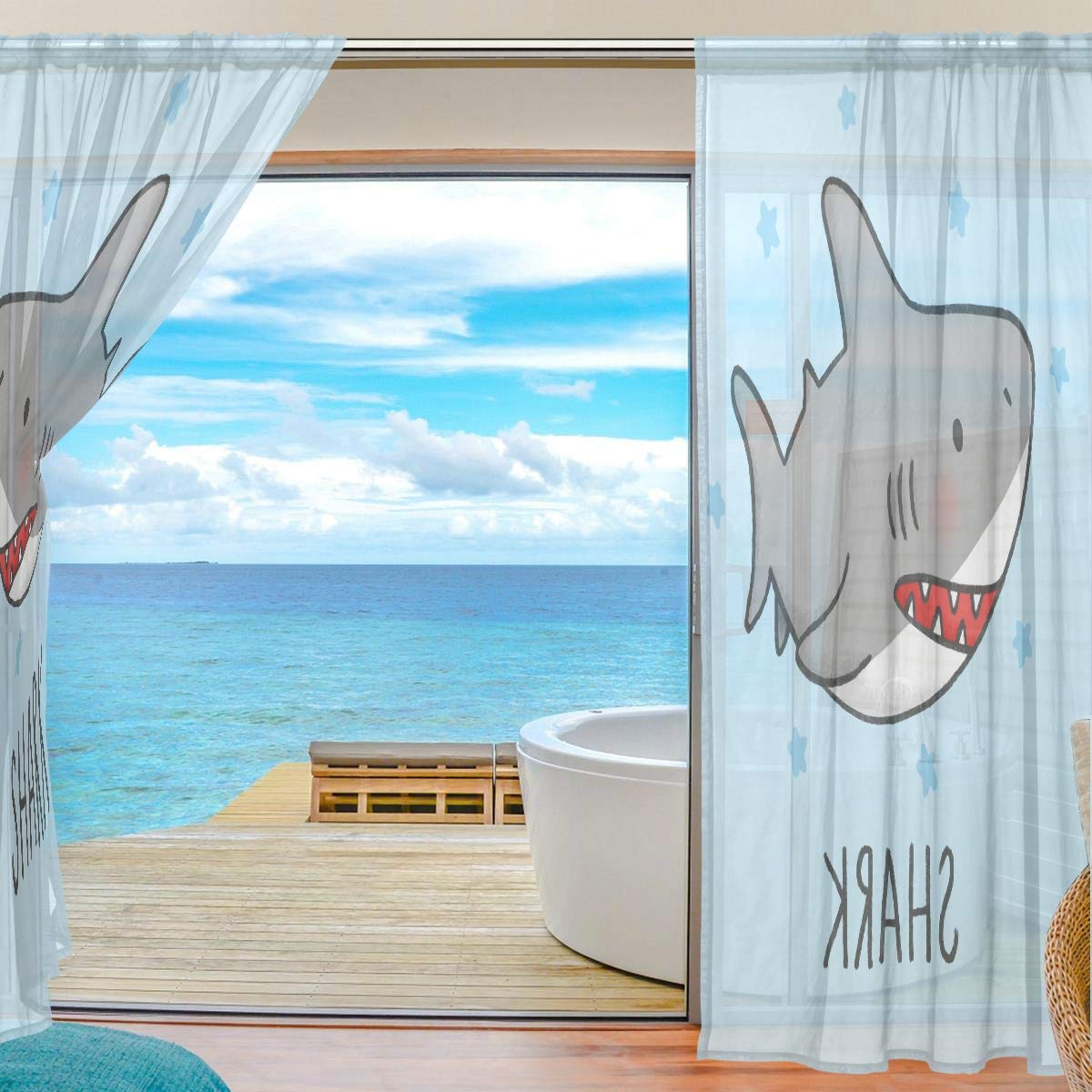 Amazon｜カーテン レースカーテン サメ 子供絵 キュート 星 海UVカット 