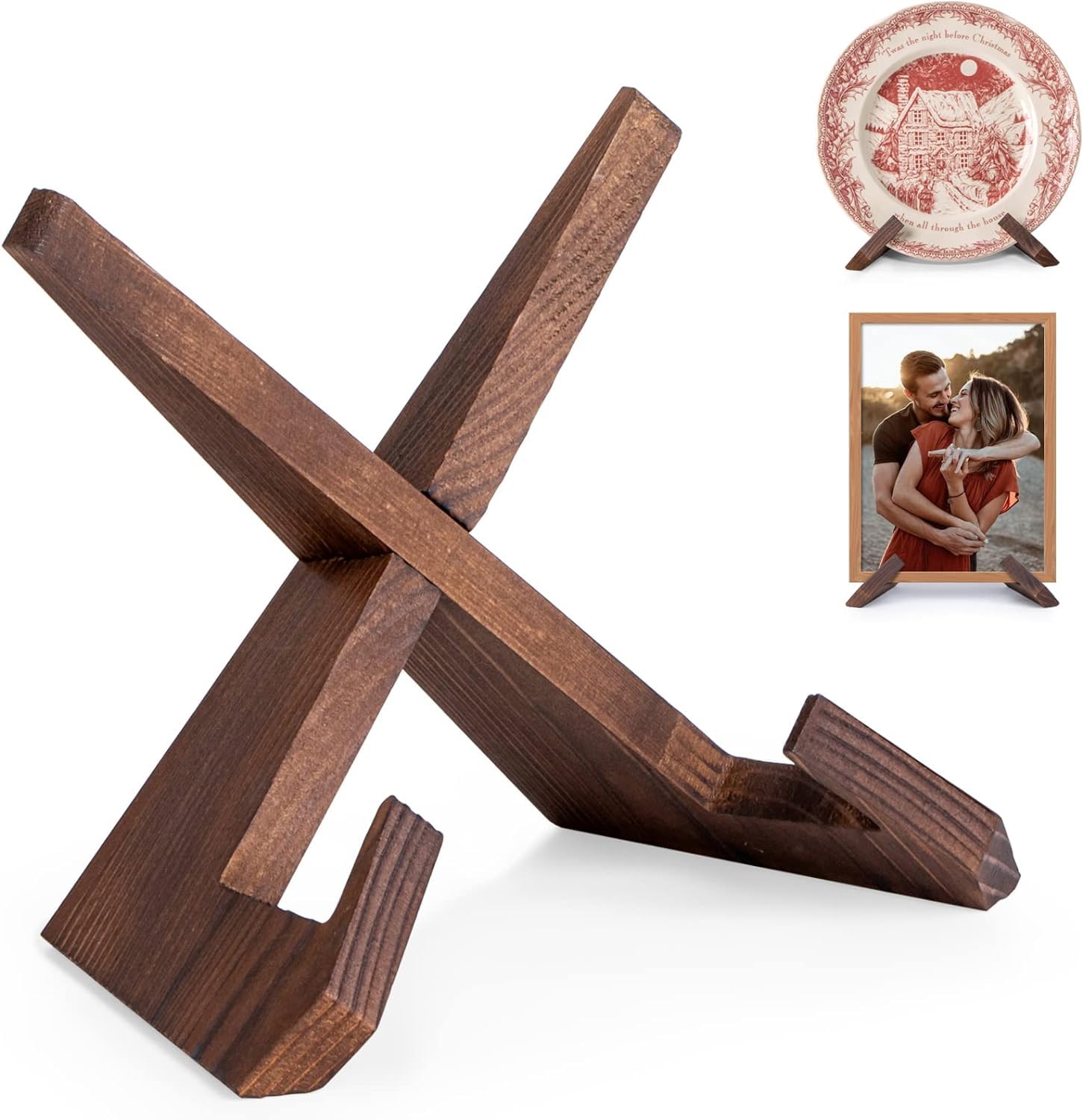 X spring Plate Stand for Display, 6.5 Inch Wooden Cookbook Holder, Multifunctional Stand Holder for Kitchen Display, Wooden Picture Frame Stand, Kitchen Counter Decor, Brown Cookbook Stand