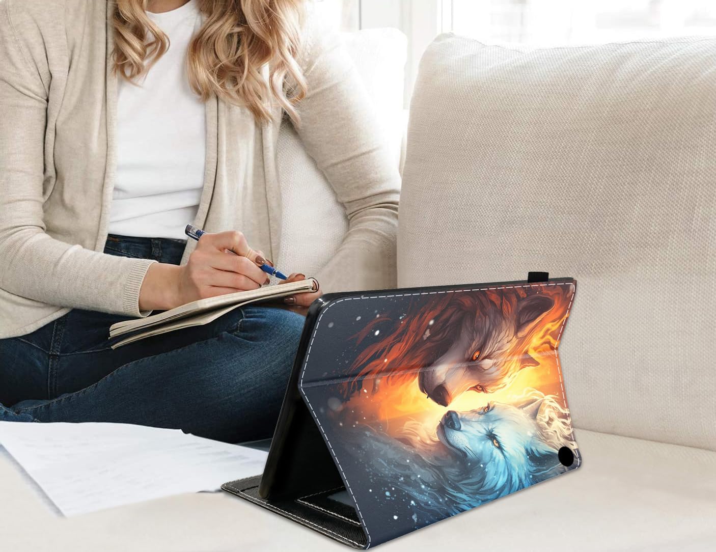 Case for All-New Amazon Kindle Fire 7 Tablet (7 Inch Display 12th Generation, 2022 Release) - Slim PU Leather Folio Smart Cover with Auto Wake/Sleep, Ice Wolf and Fire Wolf