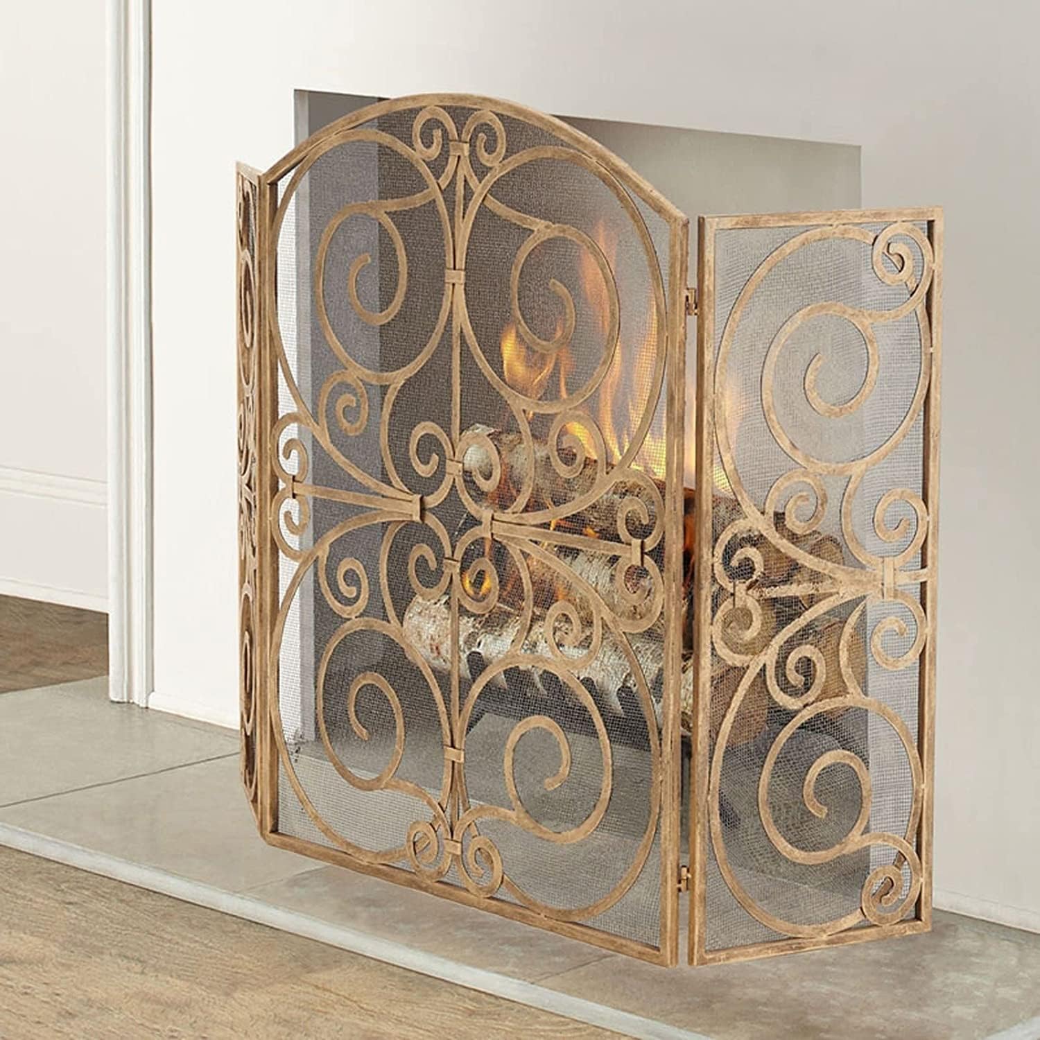 Fireplace Screen Spark Guard Free Standing Spark Guard Fireplace Screen 3 Metal Panel Wrought Iron Carved Hollow Fire Screen Mesh Indoor Large Spark Screen Home Decoration Accessories Metal Fireplace