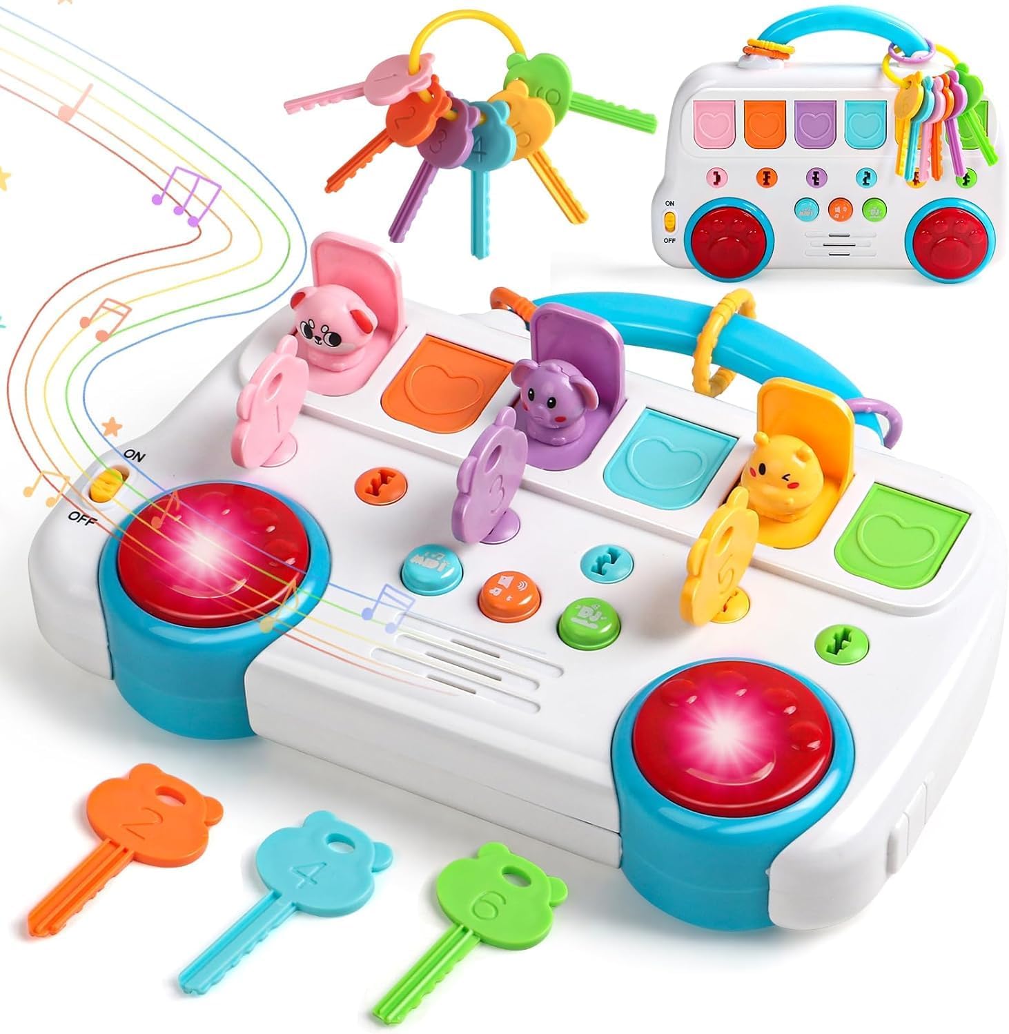Interactive Pop Up Animal Toys for Toddlers, 6 IN 1 Musical Toy with Light, Busy Board with Animals Keys, Developmental Educational Toy for Boys and Girls