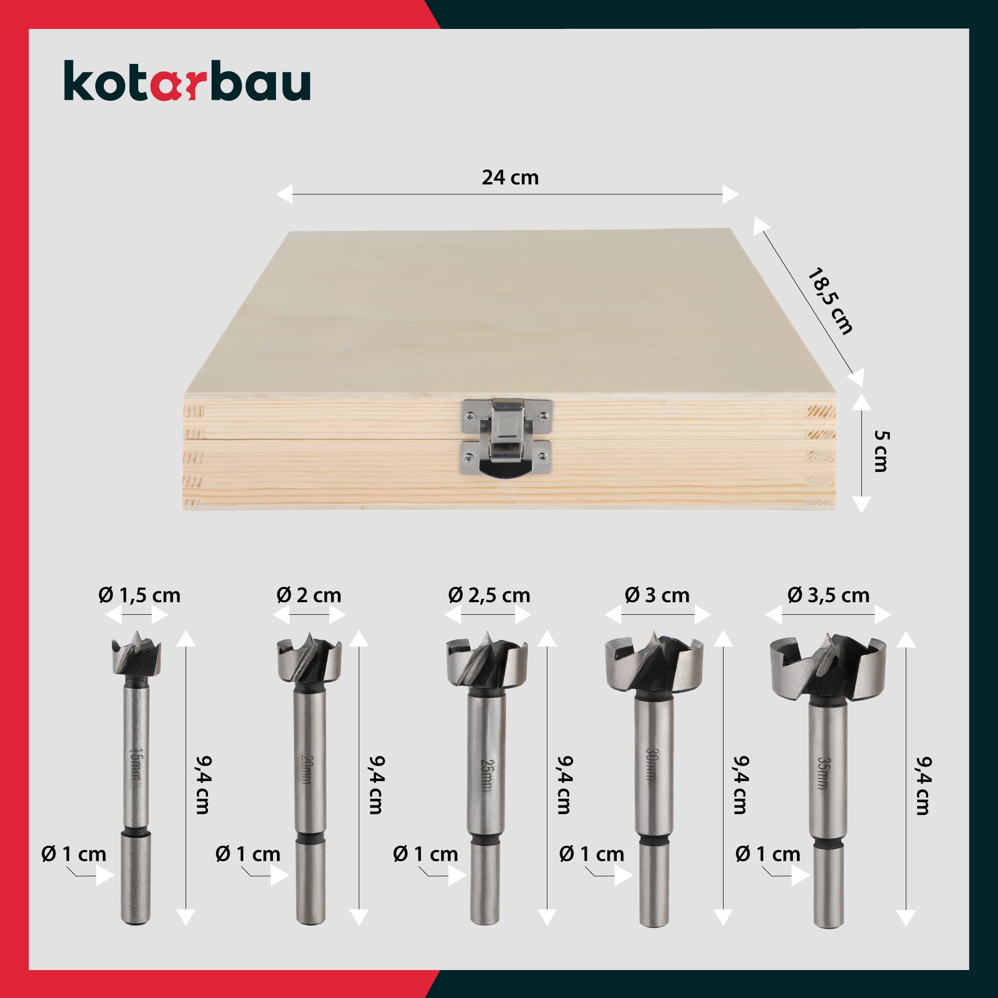 KOTARBAU® Juego de 10 brocas para madera (15-35 mm, con caja de madera)