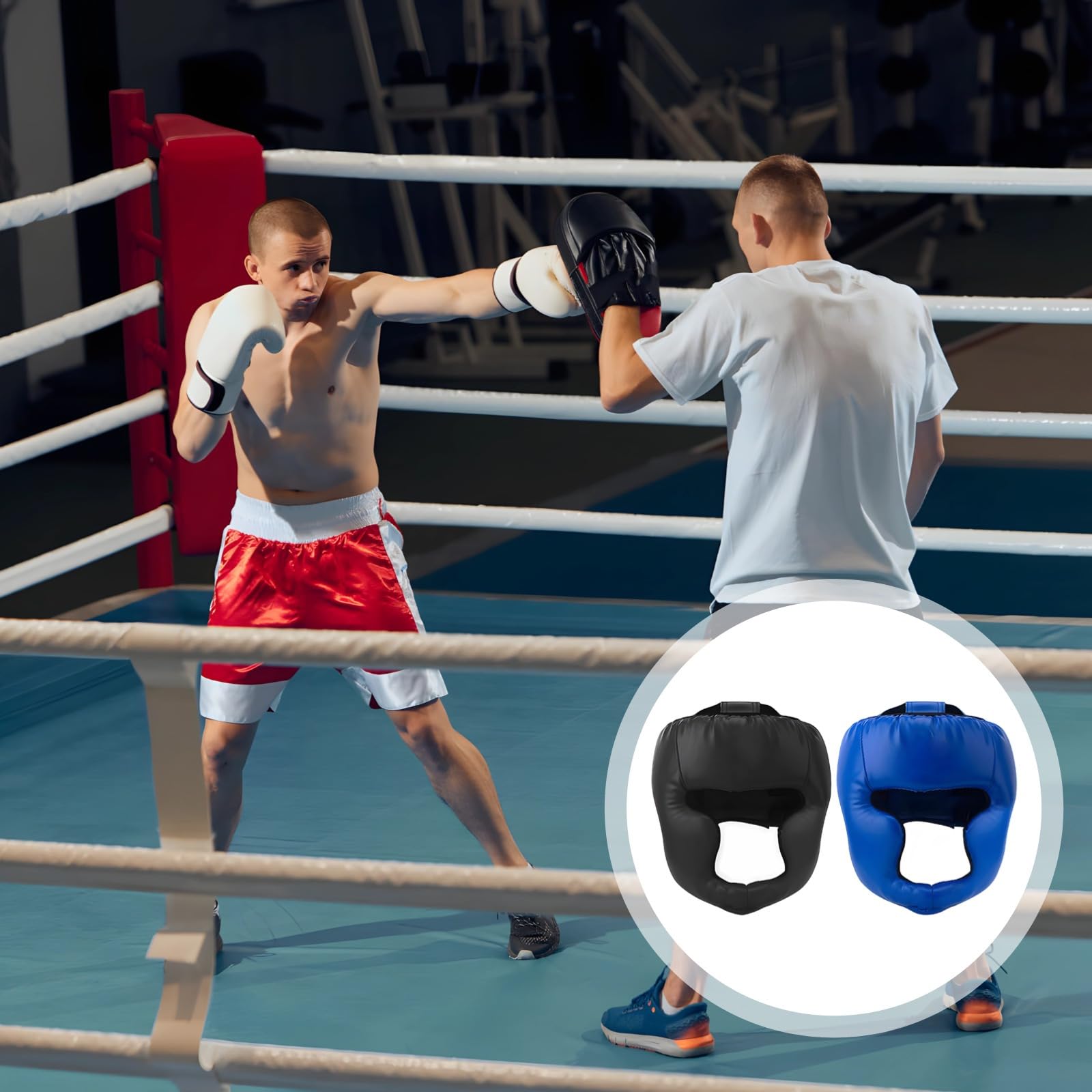 2-pak kasków bokserskich dla dorosłych z wzorem twarzy małpy, kickboxing Mma Taekwondo nakrycia głowy w kolorze niebieskim i czarnym, regulowane dla głów 50-66 cm