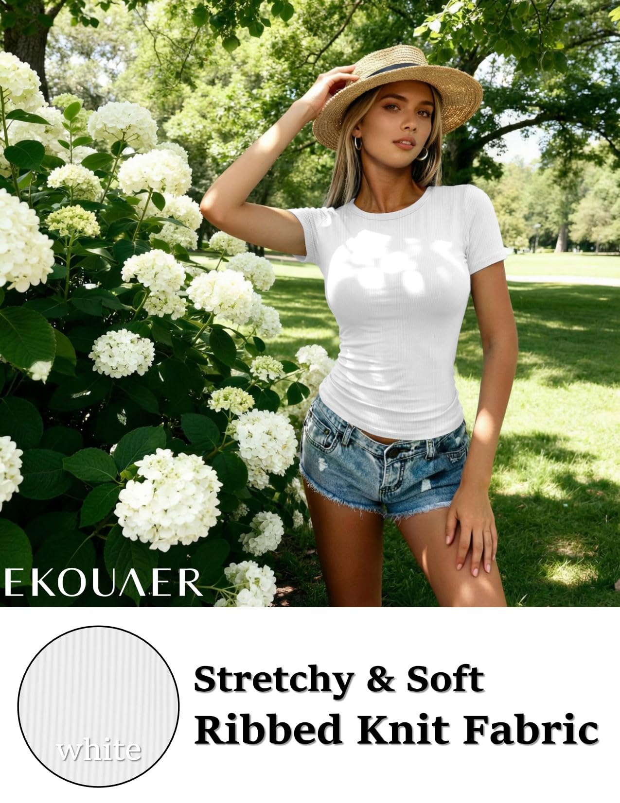 Ekouaer Lot de 3 T-Shirts Femme en Maille Côtelée Manches Courtes Basiques Maillots de Corps d'été à Col Ras du Cou Hauts Extensibles