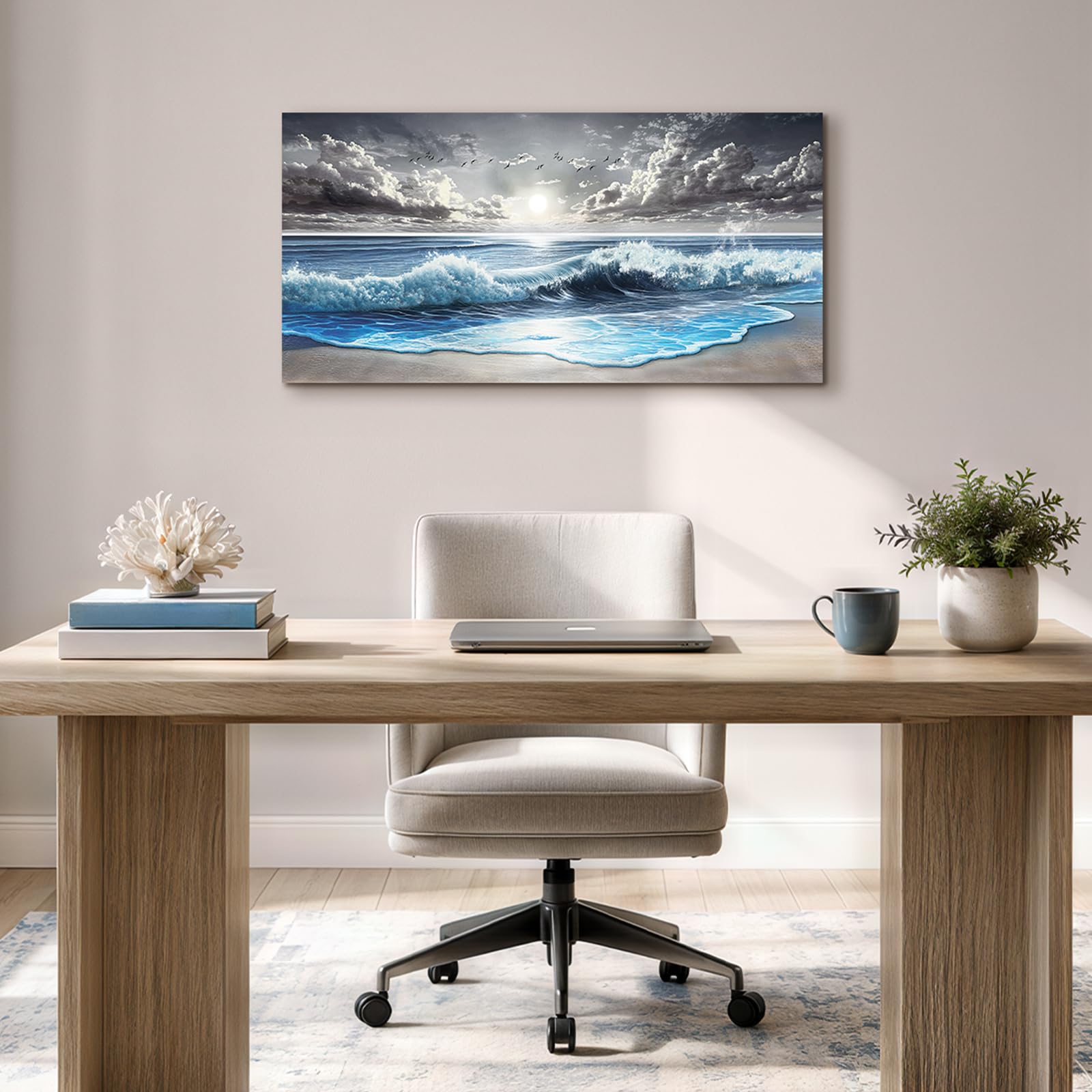 SERIMINO Cuadros Decoracion Laminas Playa Mar Modernos Grandes 50x100 cm | Costa Azul Ondas, Lona Protegida Madera, Impresión Hd Nítido, Montaje Sencillo, Multi Espacios