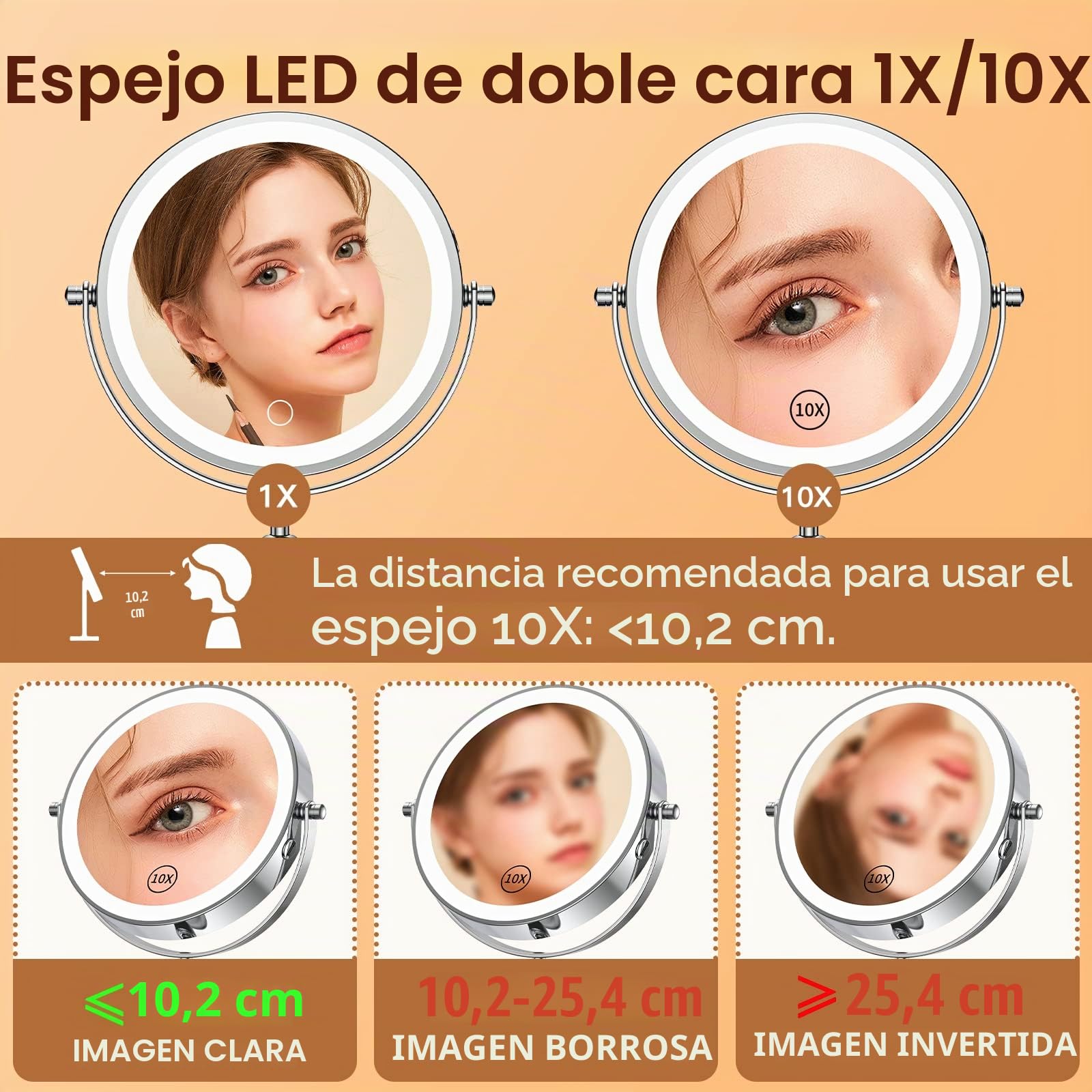Gospire Espejo de Maquillaje Iluminado de 7 Pulgadas con Aumento 10X/1X, Altura Ajustable y 3 Luces Regulables de Color, Giratorio de 360° de Doble Cara, Recargable, LED, tocador, Espejo de pie