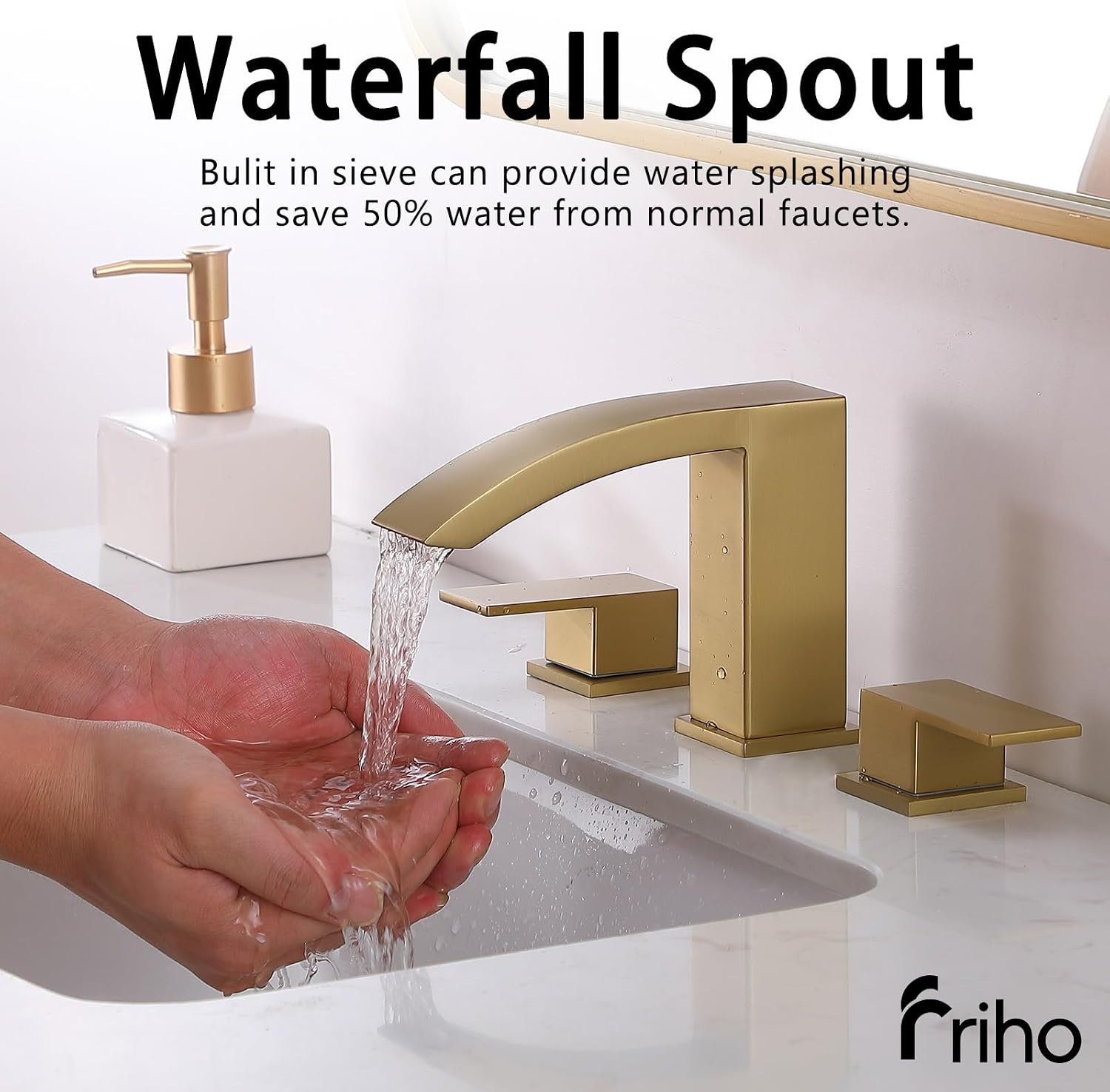 Friho Gold Waterfall Bathroom Faucets 3 Hole, 8 inch Widespread Square Bathroom Sink Faucet with Metal Pop-up Drain and Supply Lines, Two Handles for Vanity, Rv, Commercial, Restroom