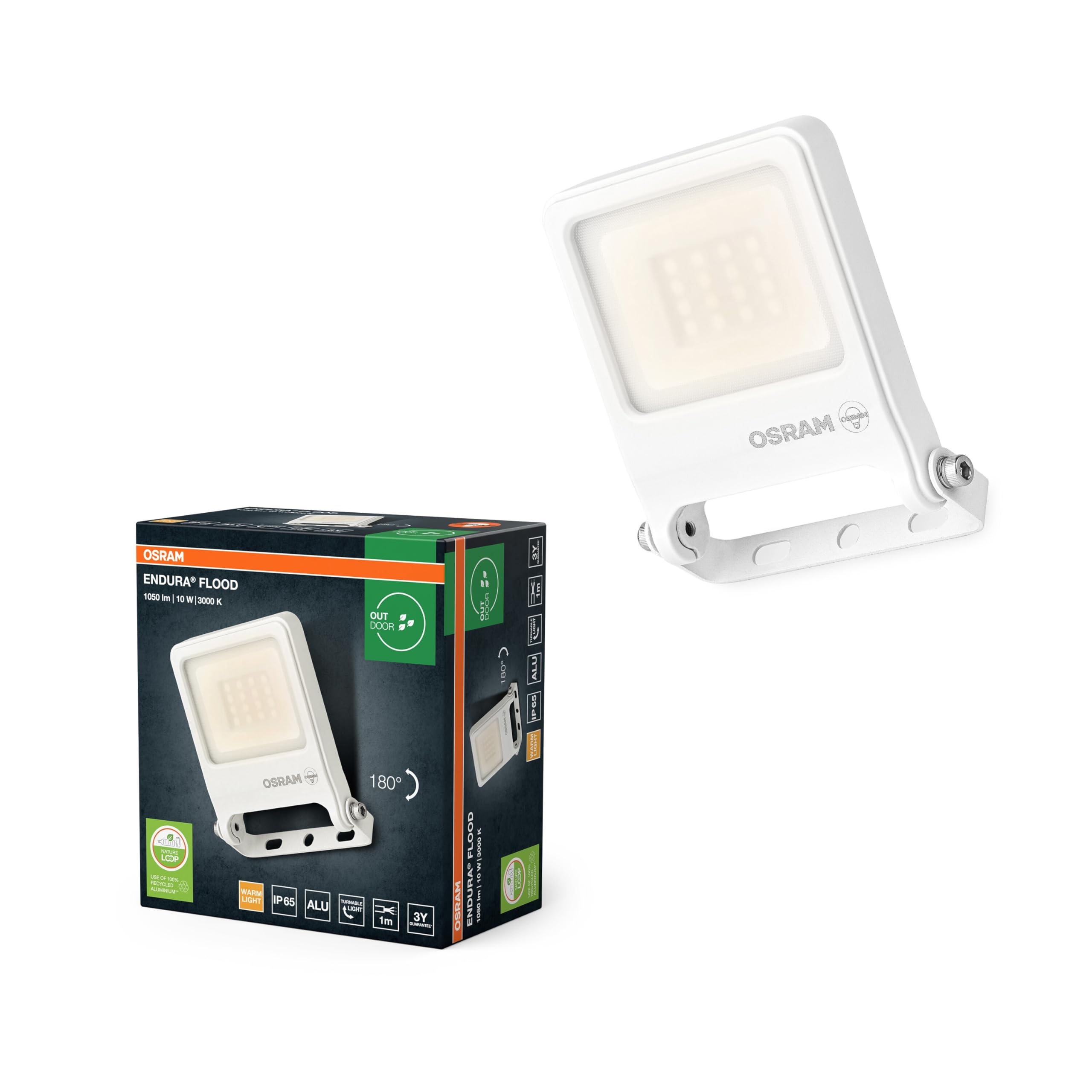 OSRAM Proyector LED ENDURA FLOOD PC de 10 W, blanco cálido de 3000 K, 1000 lúmenes, IP65, material reciclado, soporte de montaje de 180°, blanco