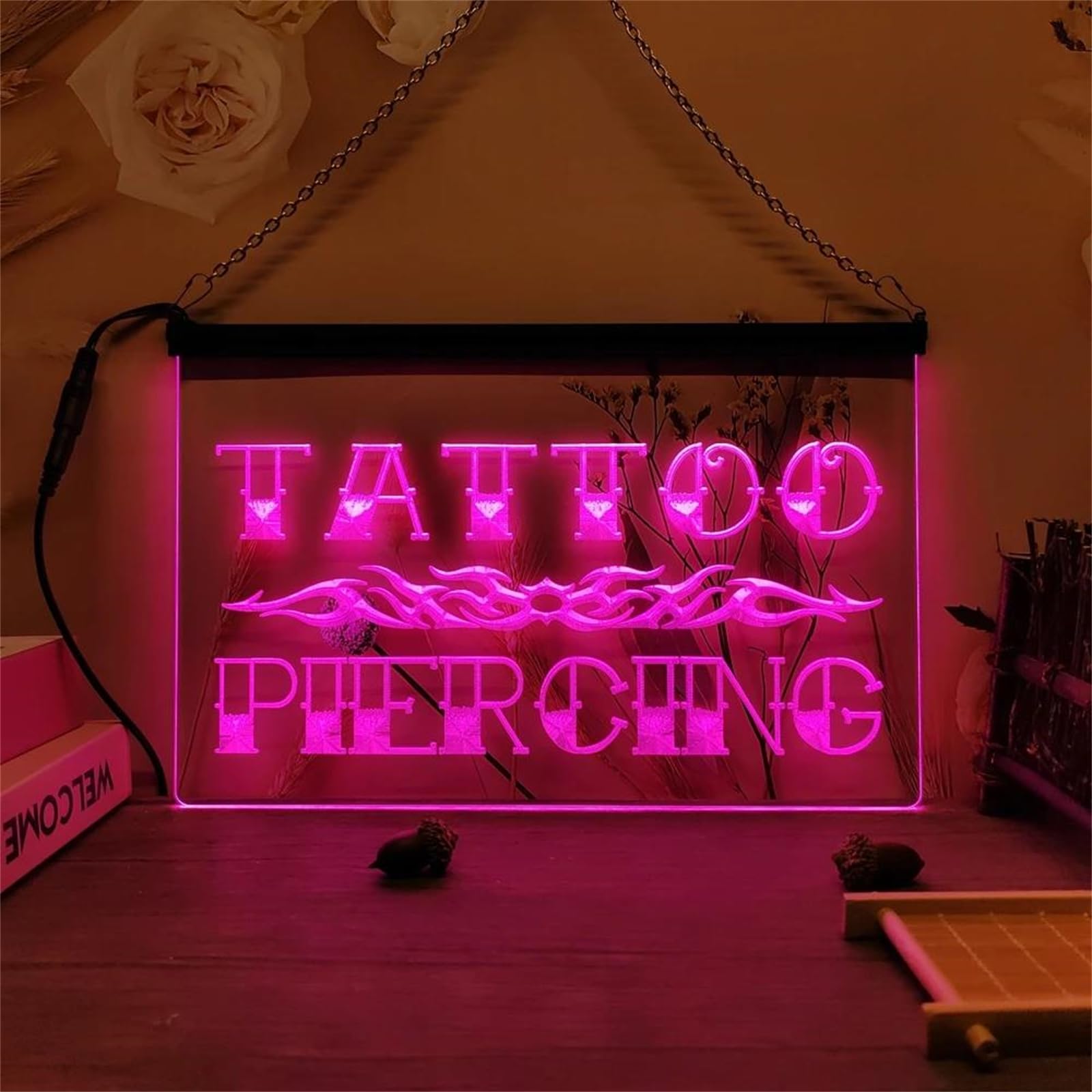 Tattoo Piercing Neonowy szyld ścienny – ściemniane neonowe światła LED RGB (sterowanie 24-przyciskowe, zasilanie USB), idealne na prezent do SPA, salonu tatuażu lub baru,30x20cm