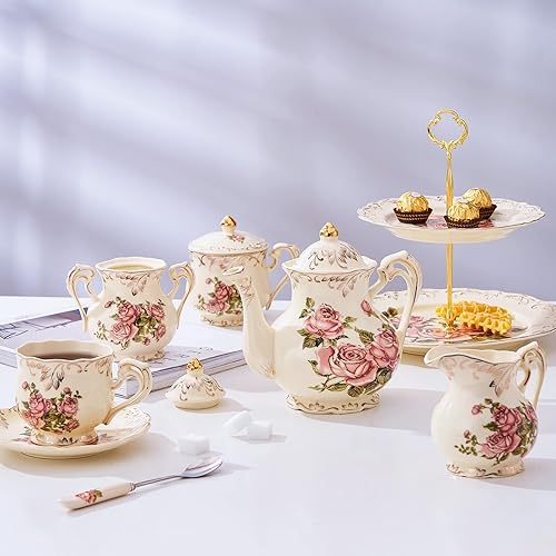 Miniatura 6 de YOLIFE Tetera con infusor de acero inoxidable, tetera de cerámica de 42 onzas con diseño floral y de hoja dorada para té de hojas sueltas, perfecta