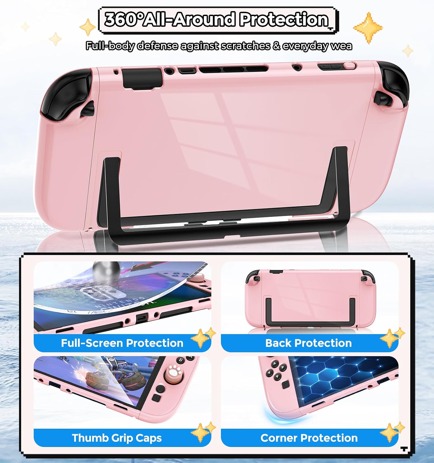 CMANBAH Dockable Protective Hard Cover for Nintendo Switch 2 2025, Slim Shell Skin Case Set for Switch 2 Accessories, 1 Screen Protector&6 Thumb Grips, Supports Kickstand Use and Charging Dock, Pink